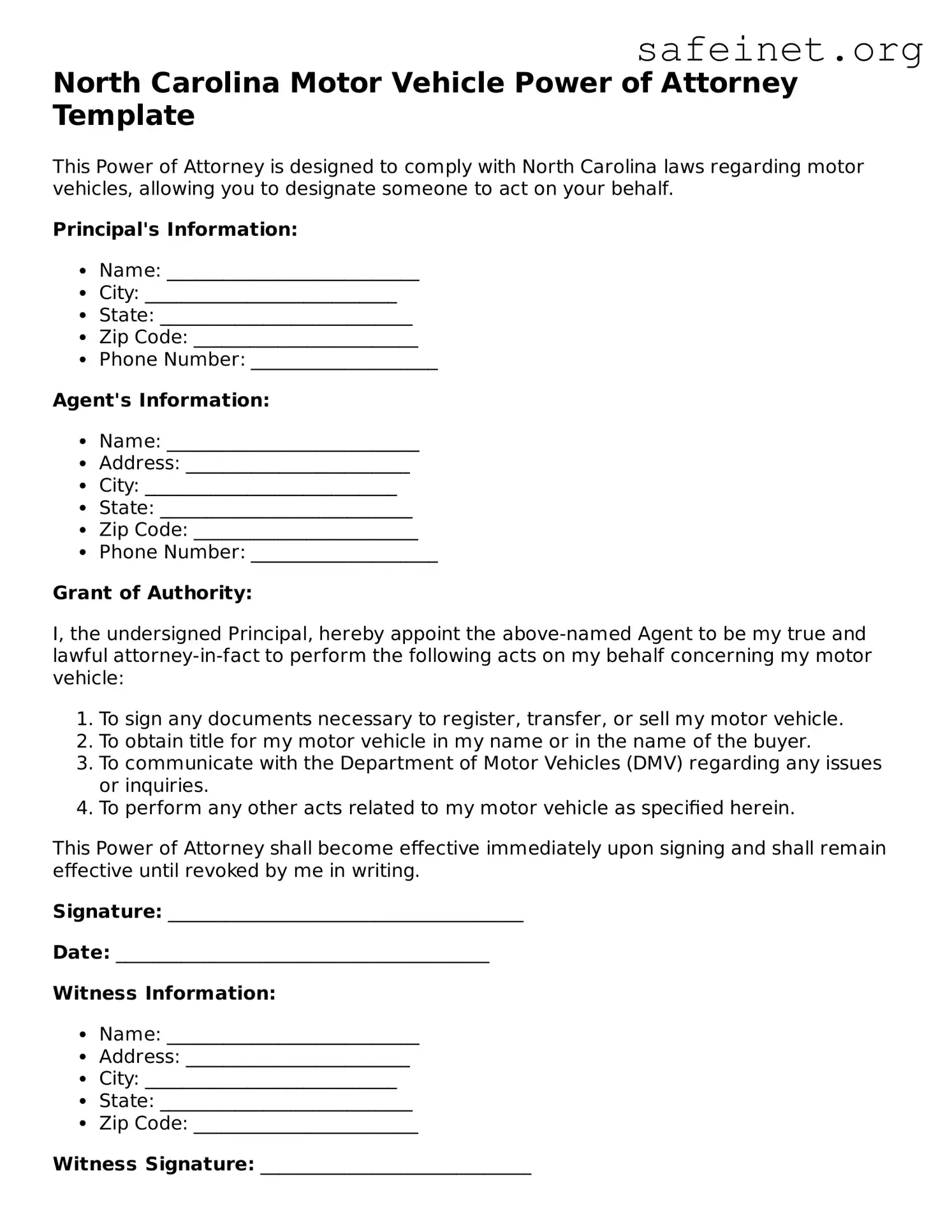 Valid Motor Vehicle Power of Attorney Template for the State of North Carolina