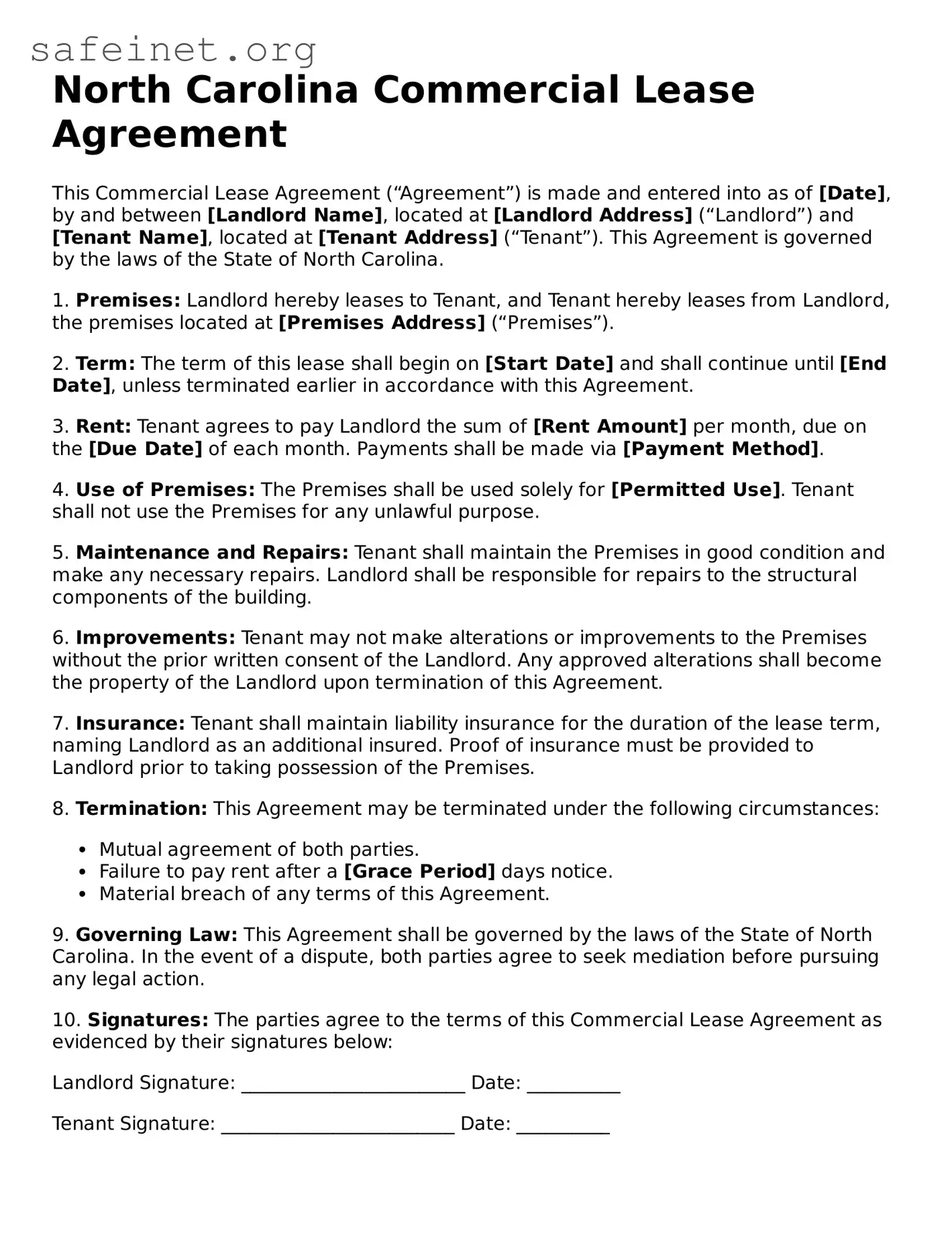 Valid Commercial Lease Agreement Template for the State of North Carolina