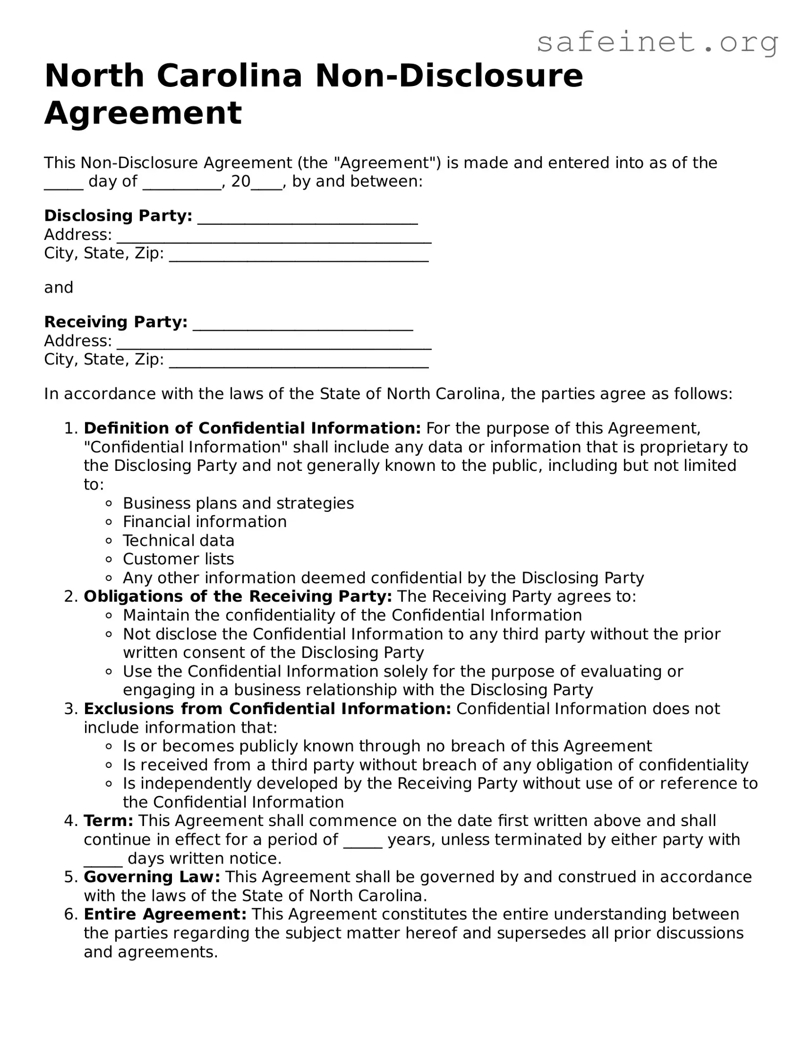Valid Non-disclosure Agreement Template for the State of North Carolina