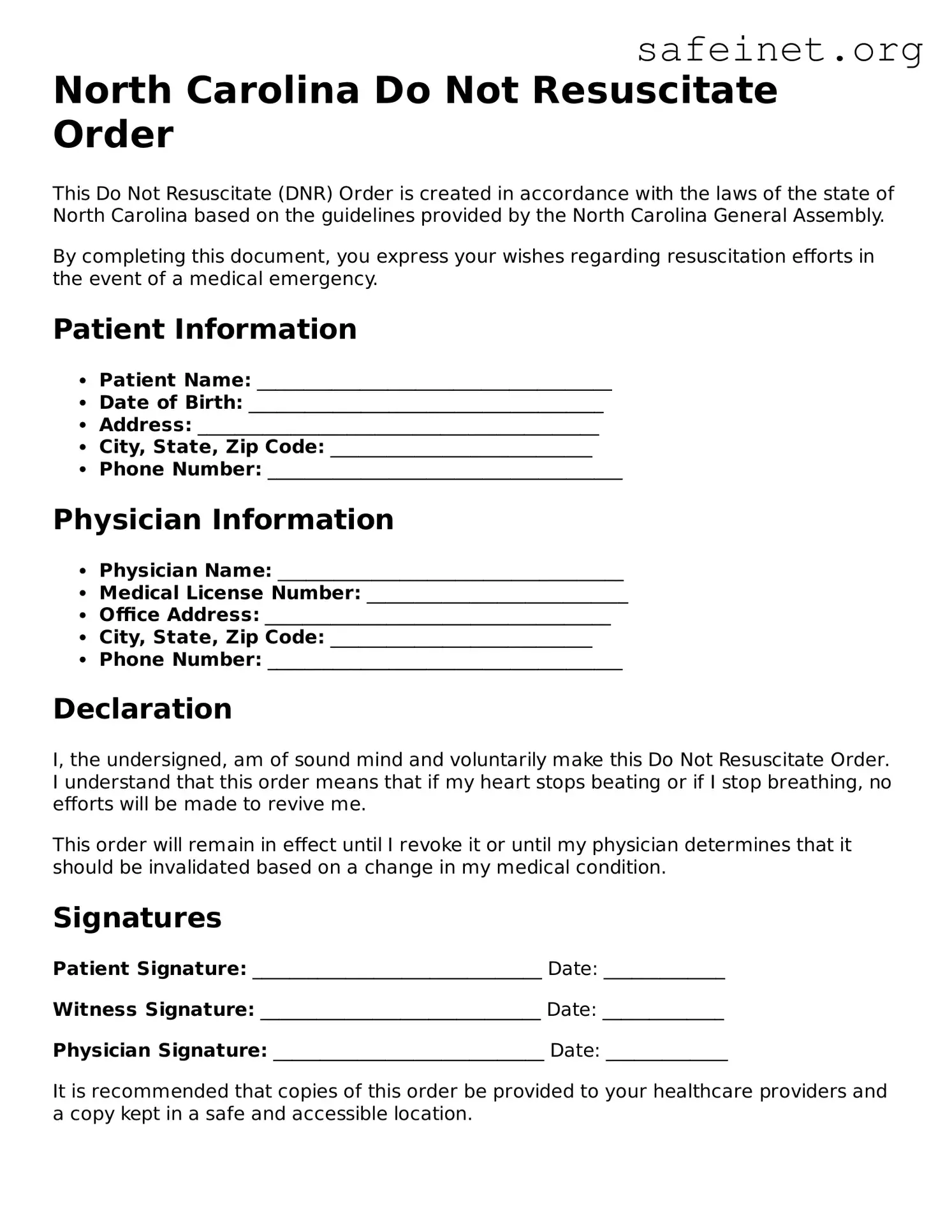 Valid Do Not Resuscitate Order Template for the State of North Carolina