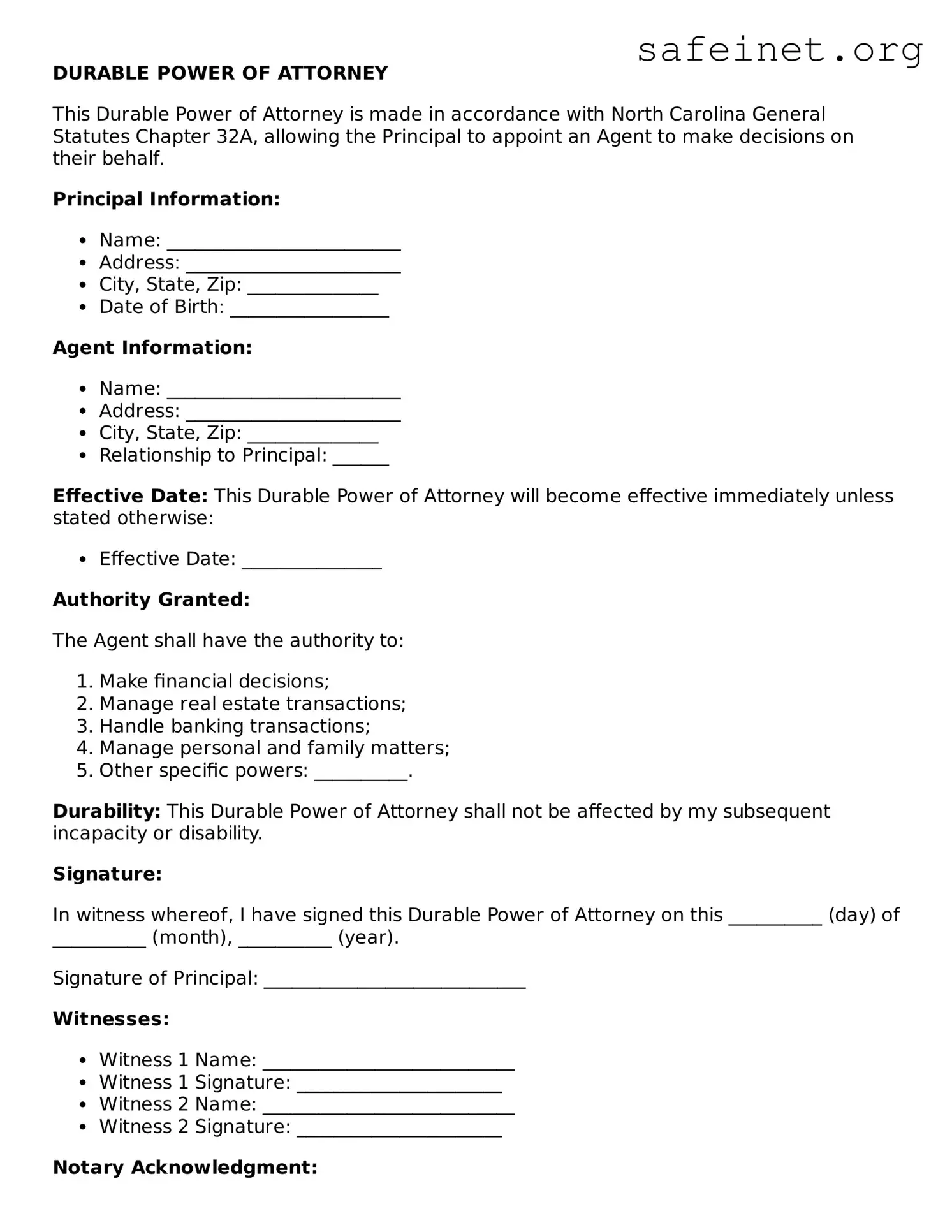 Valid Durable Power of Attorney Template for the State of North Carolina