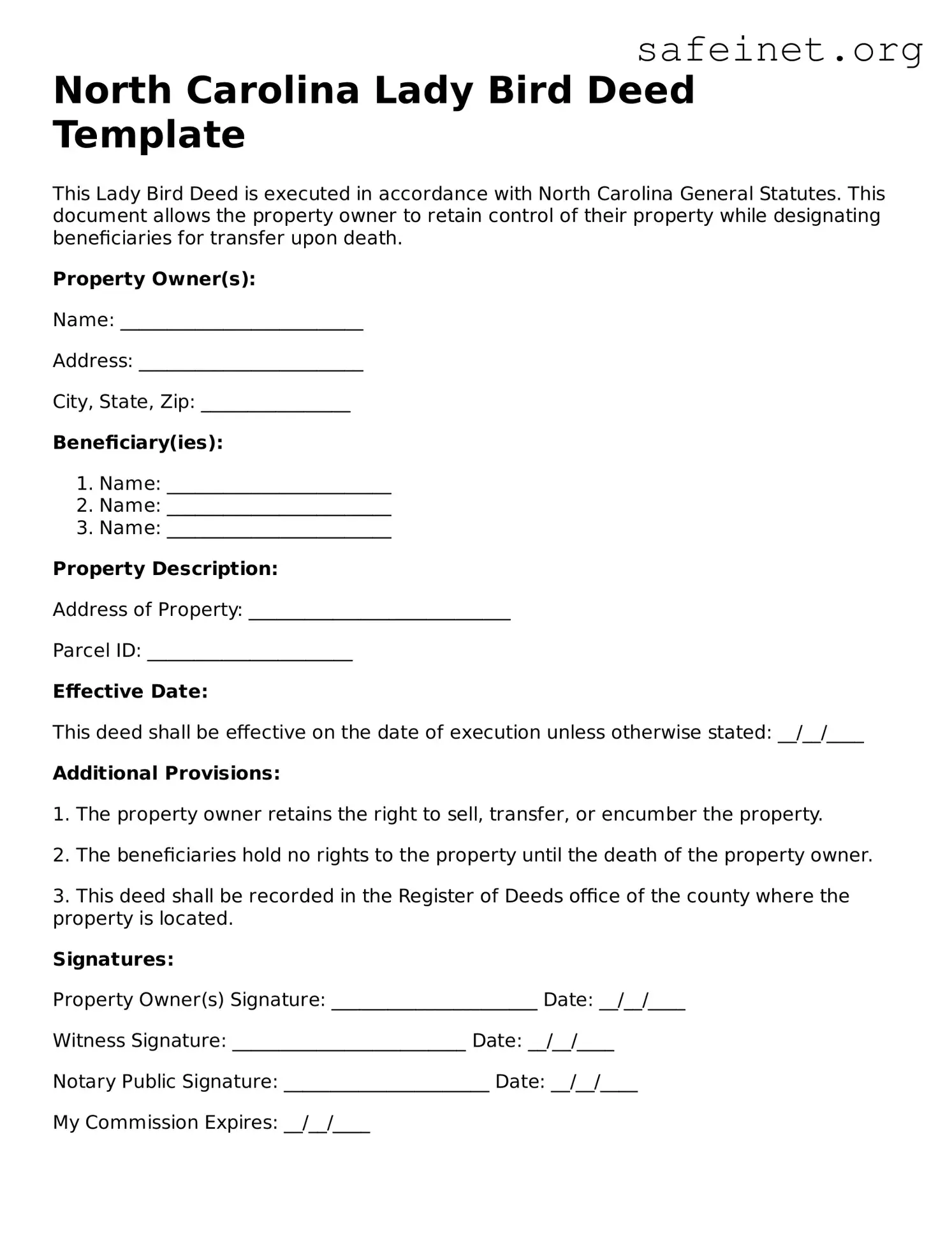 Valid Lady Bird Deed Template for the State of North Carolina