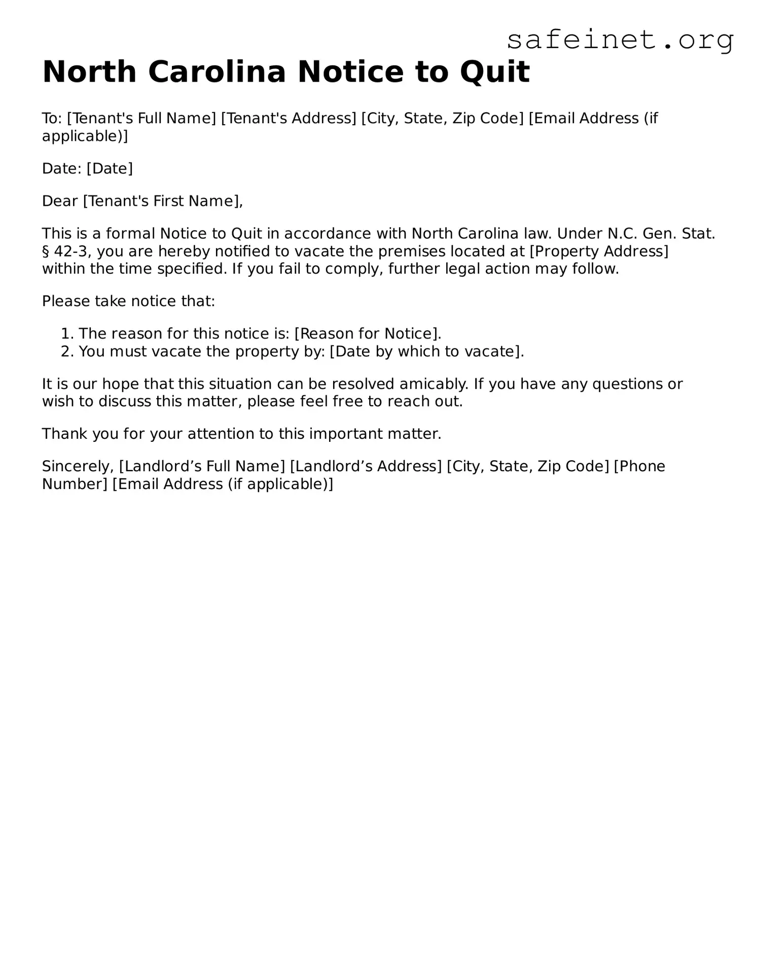 Valid Notice to Quit Template for the State of North Carolina