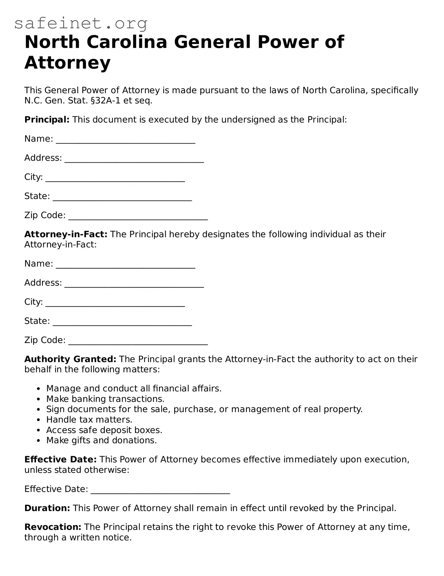 Valid General Power of Attorney Template for the State of North Carolina
