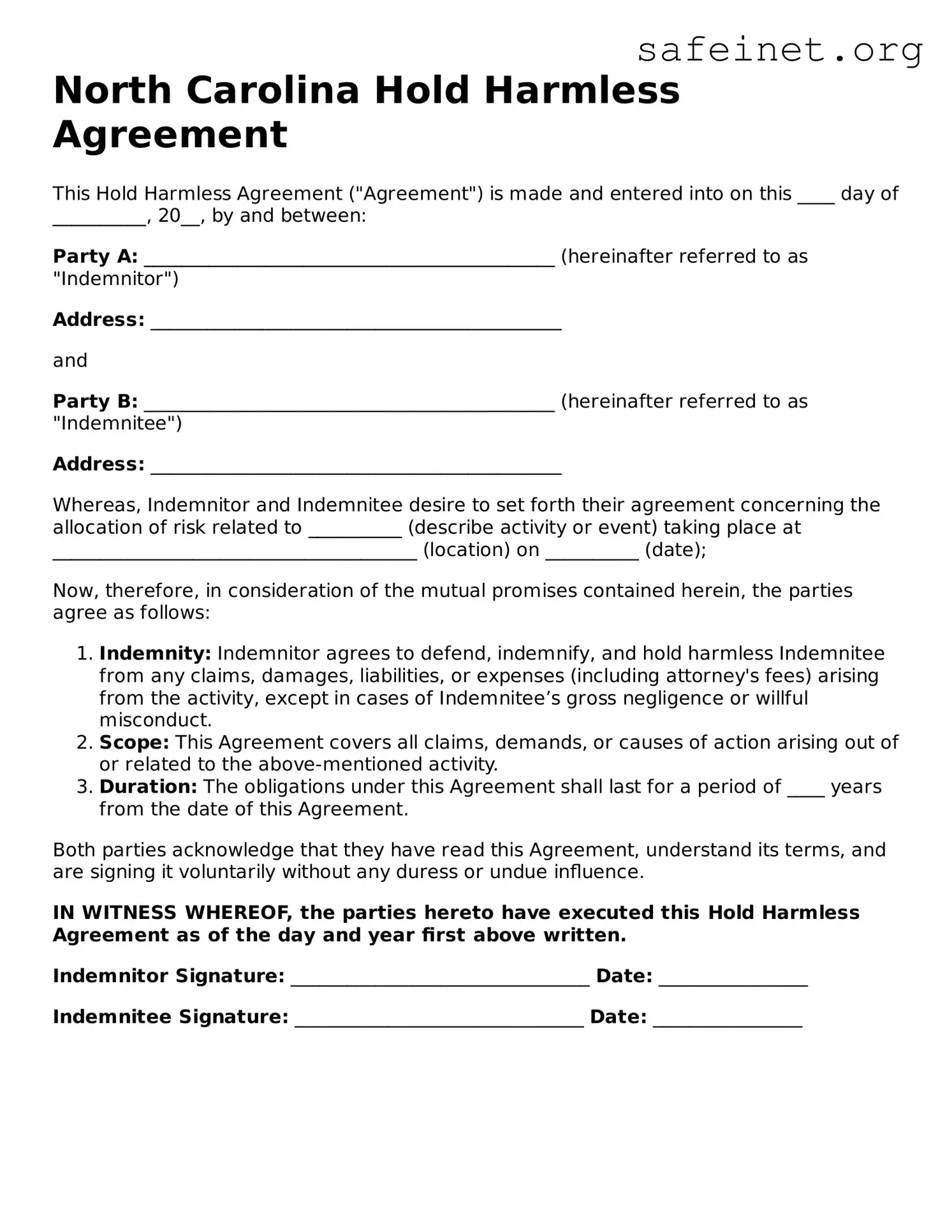 Valid Hold Harmless Agreement Template for the State of North Carolina