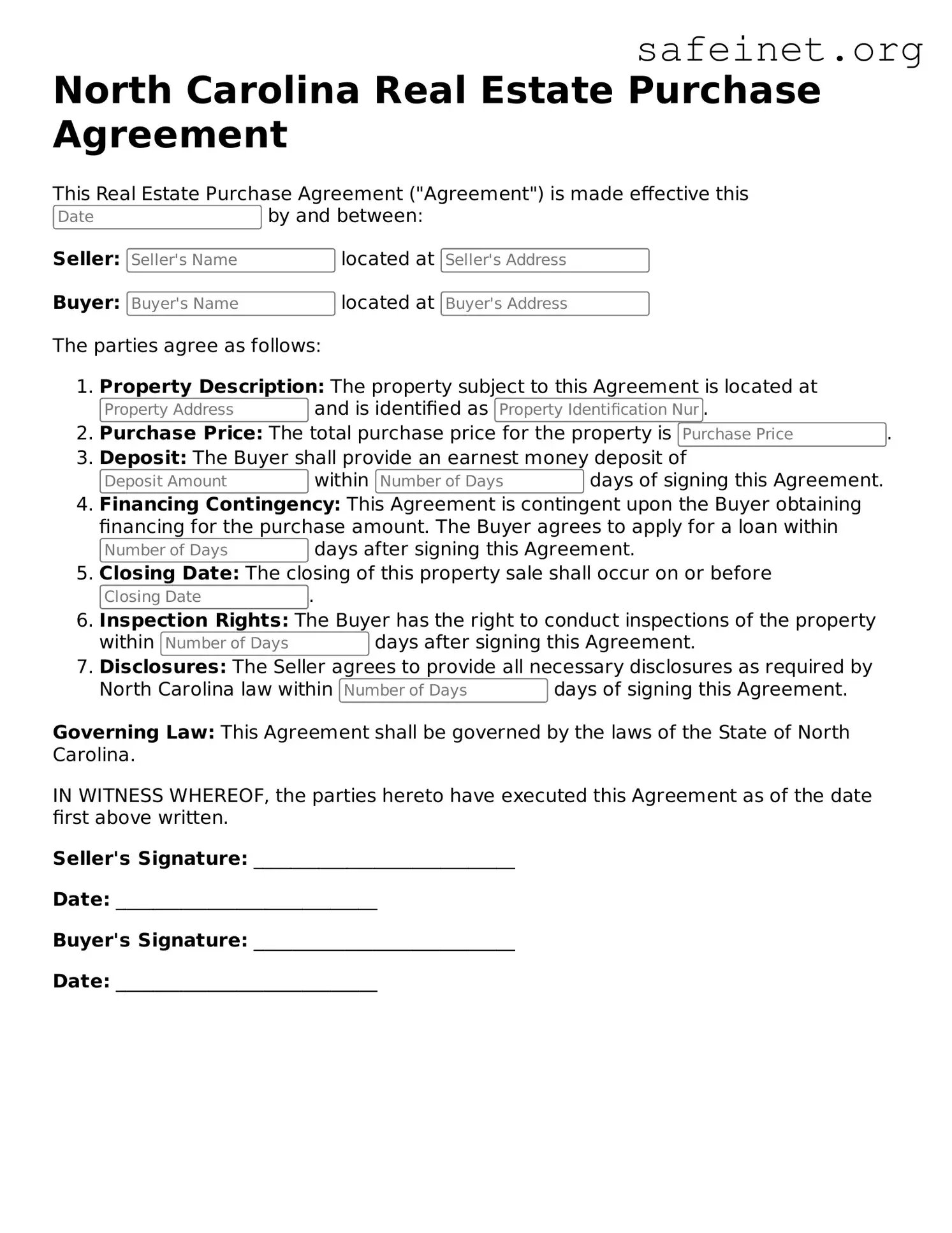 Valid Real Estate Purchase Agreement Template for the State of North Carolina
