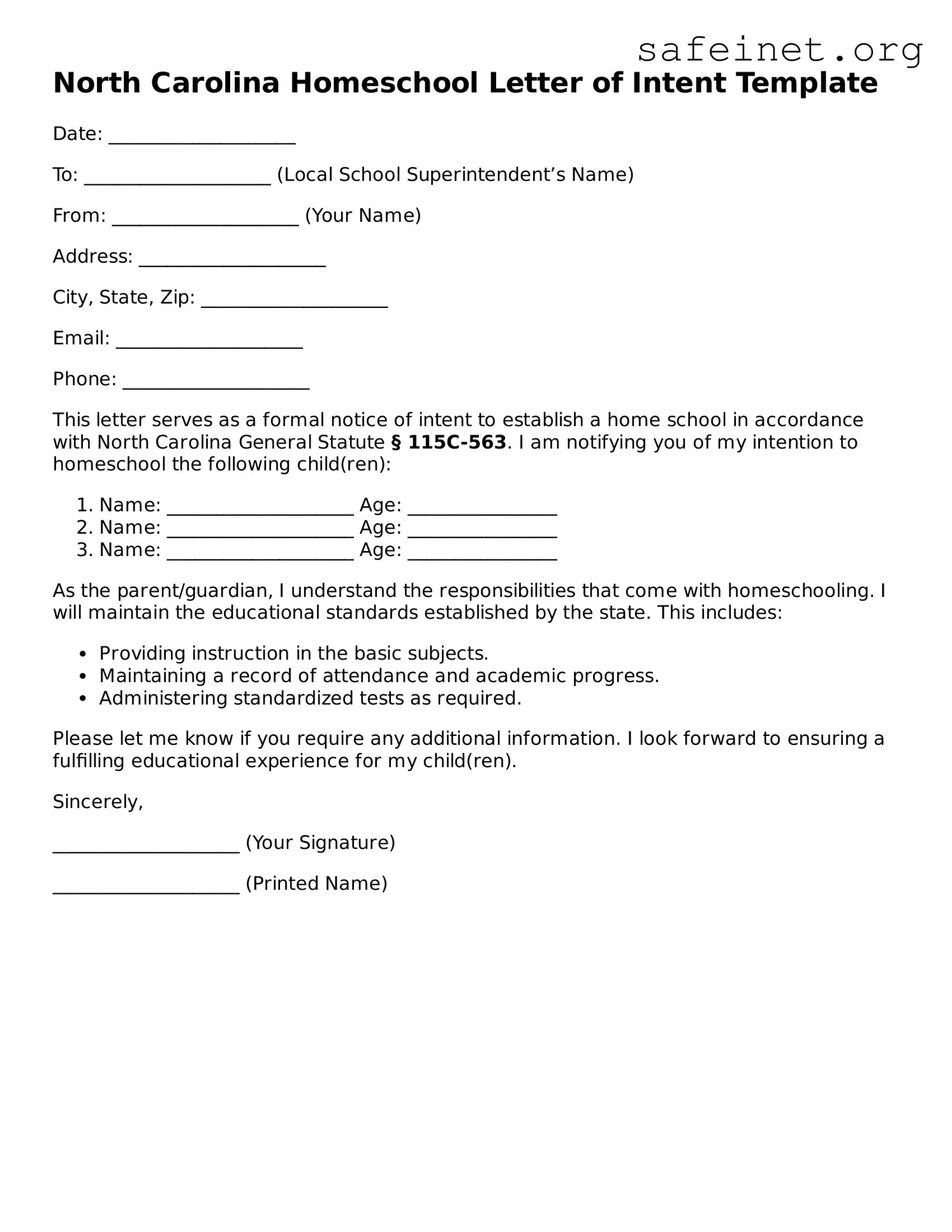 Valid Homeschool Letter of Intent Template for the State of North Carolina