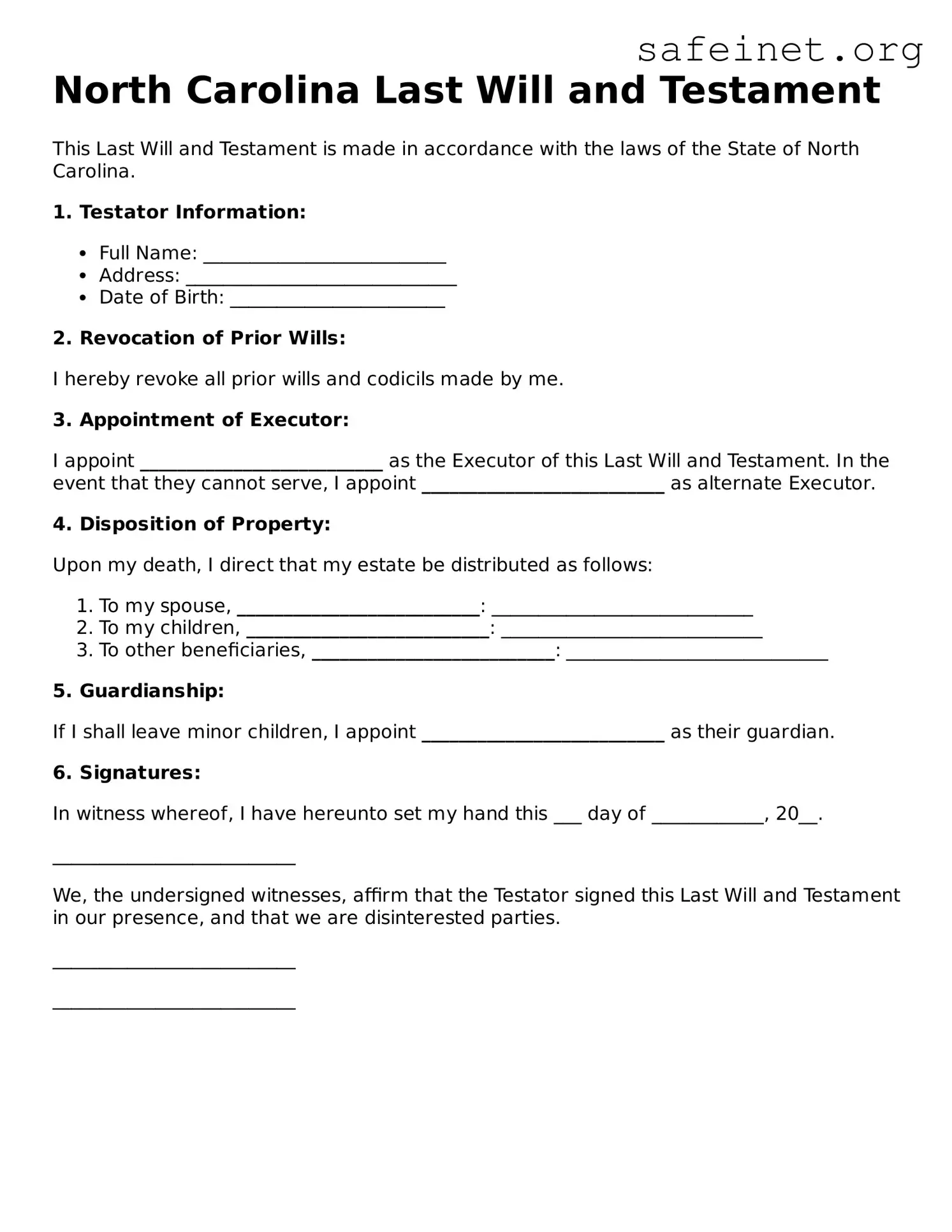 Valid Last Will and Testament Template for the State of North Carolina