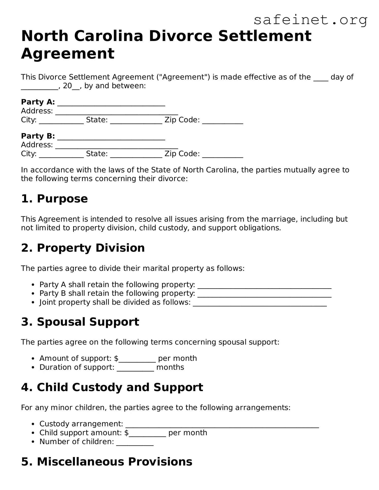 Valid Divorce Settlement Agreement Template for the State of North Carolina