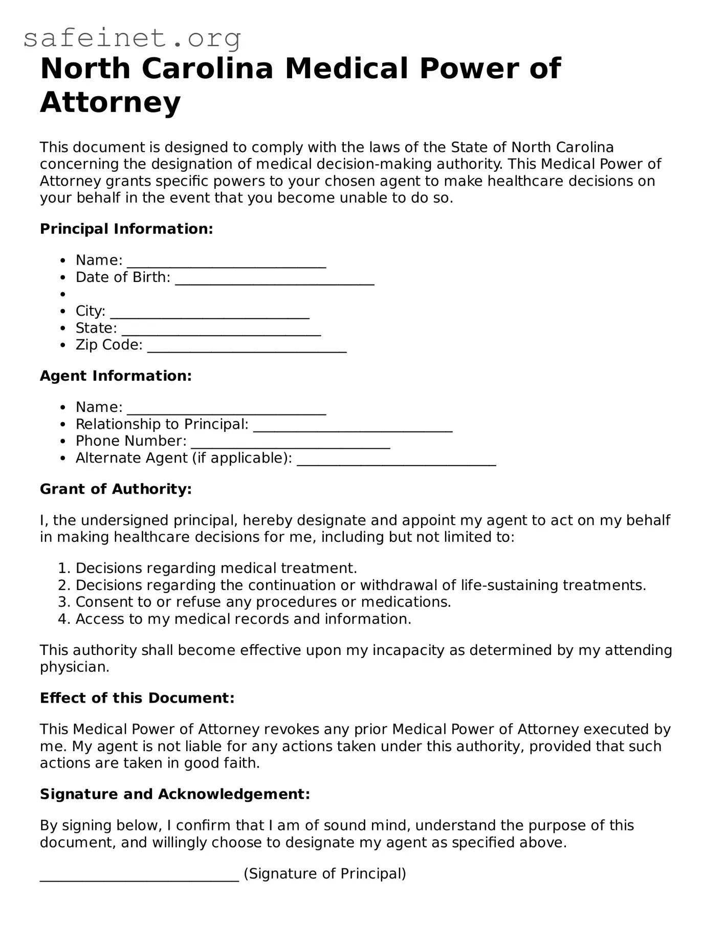 Valid Medical Power of Attorney Template for the State of North Carolina