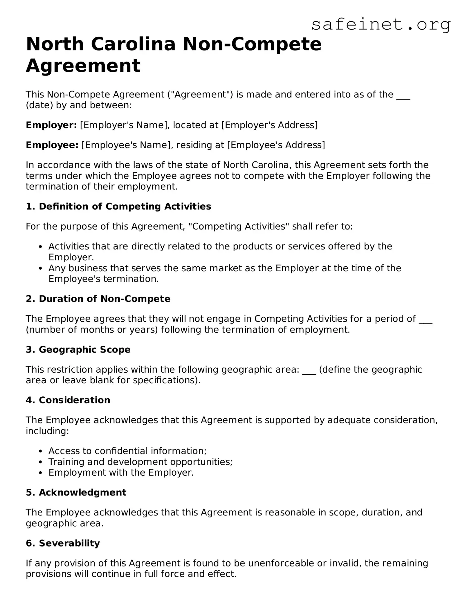 Valid Non-compete Agreement Template for the State of North Carolina