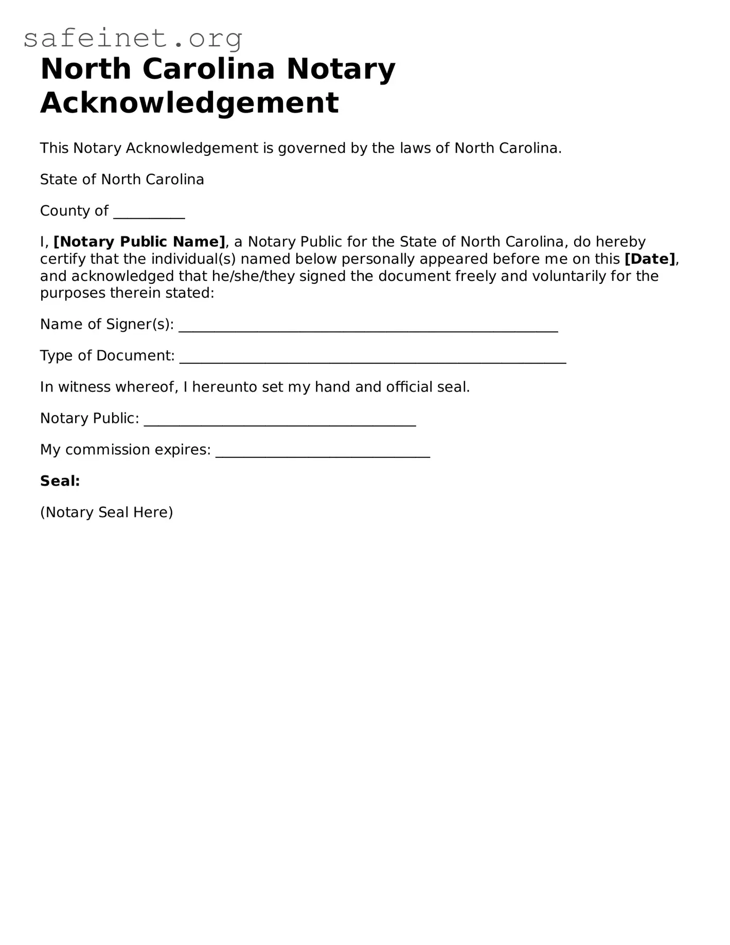 Valid Notary Acknowledgement Template for the State of North Carolina