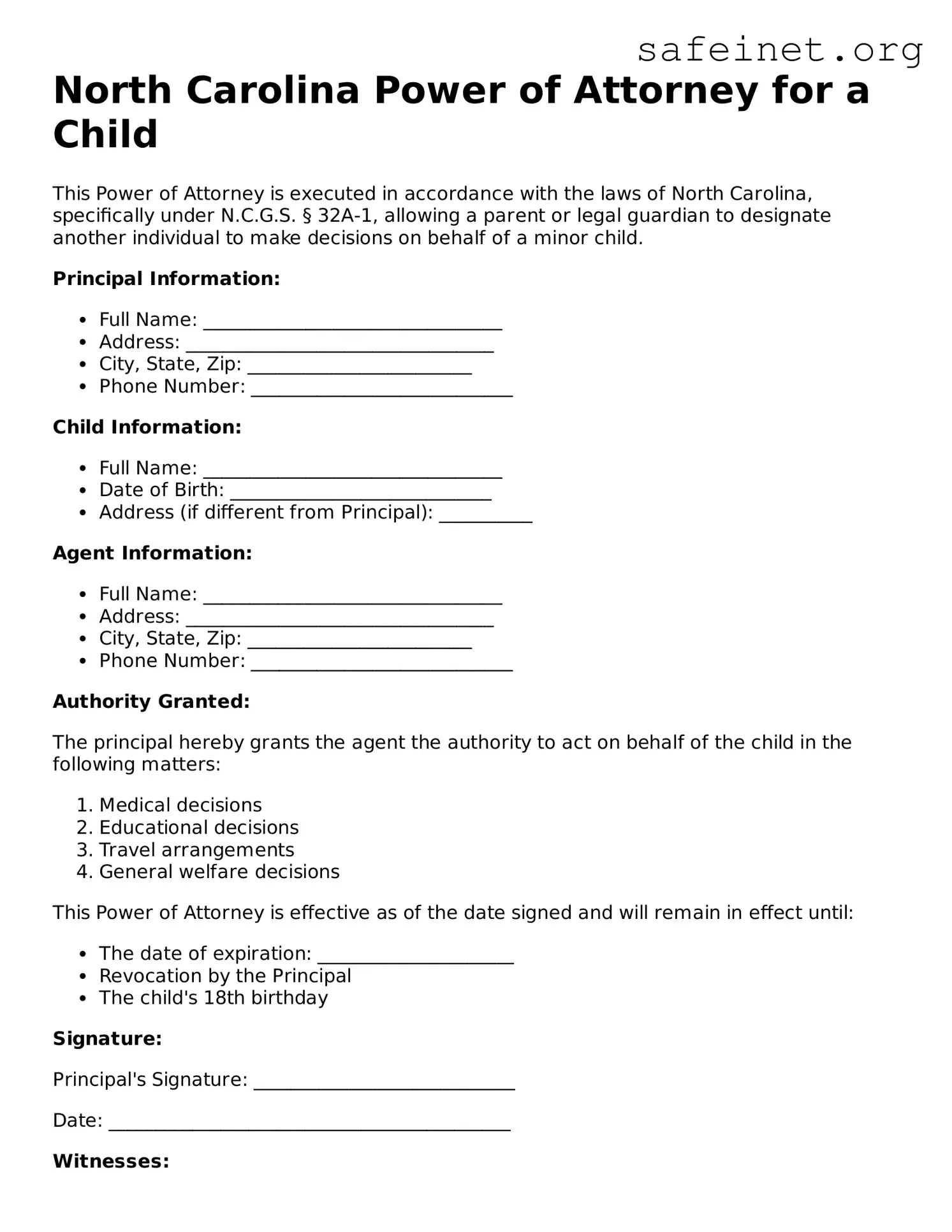 Valid Power of Attorney for a Child Template for the State of North Carolina