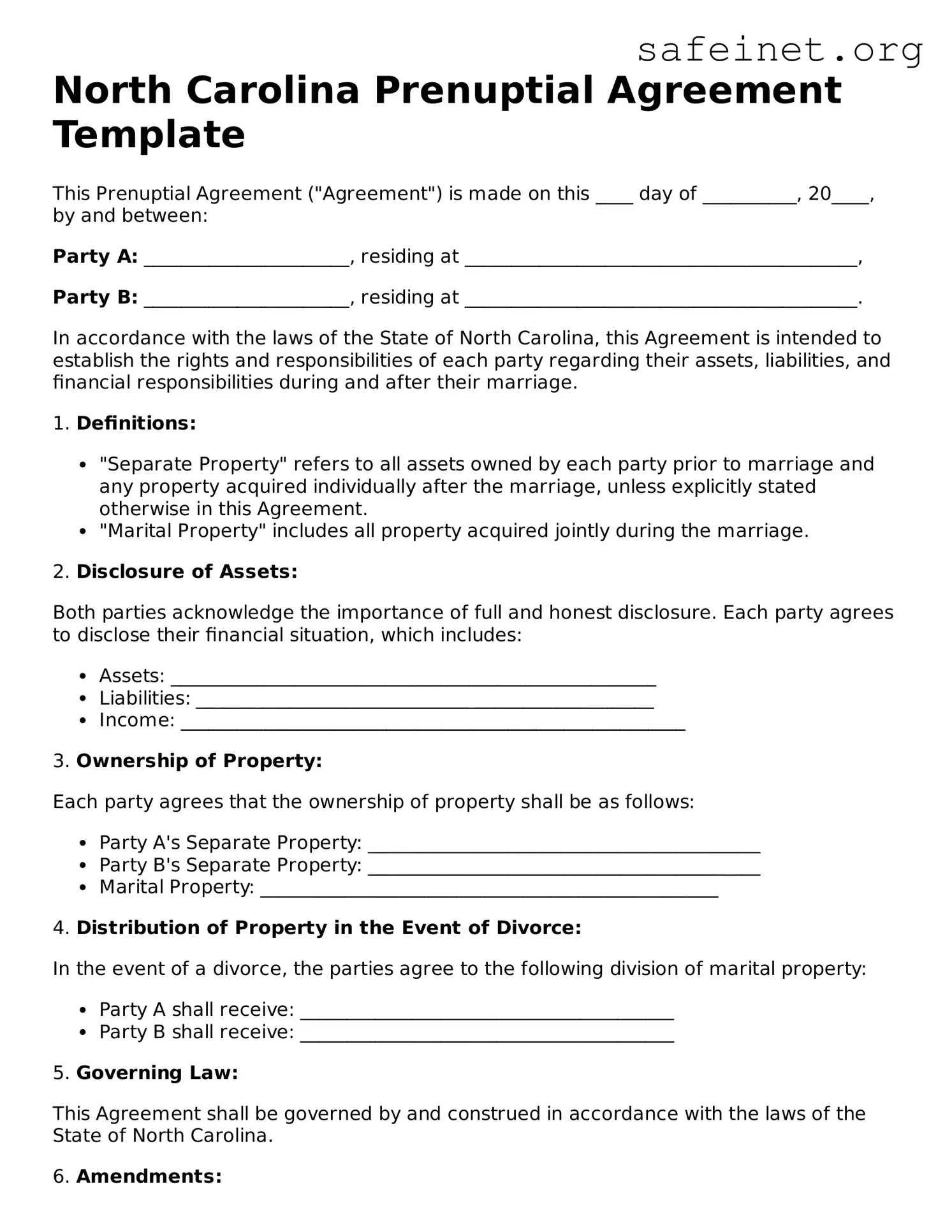 Valid Prenuptial Agreement Template for the State of North Carolina