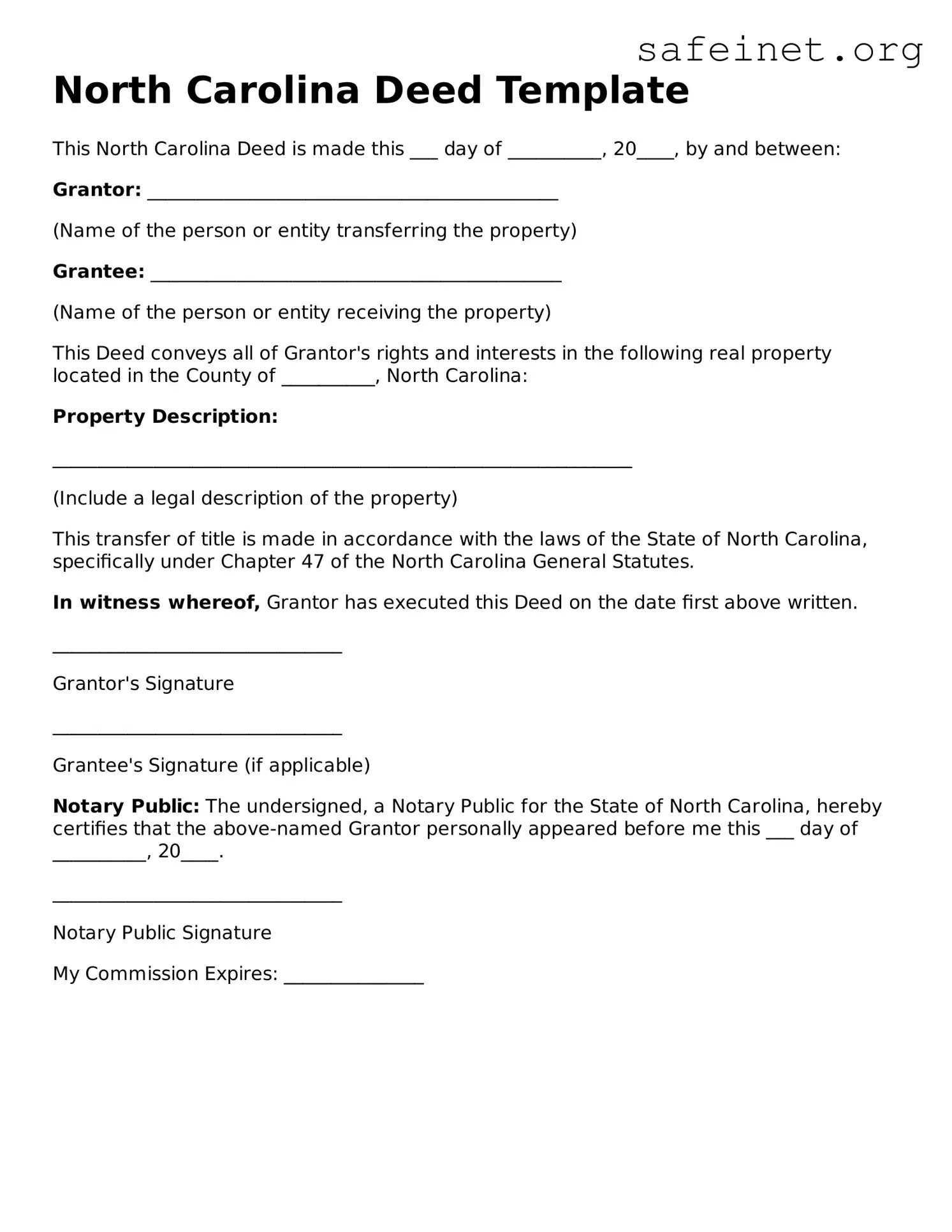 Valid Deed Template for the State of North Carolina