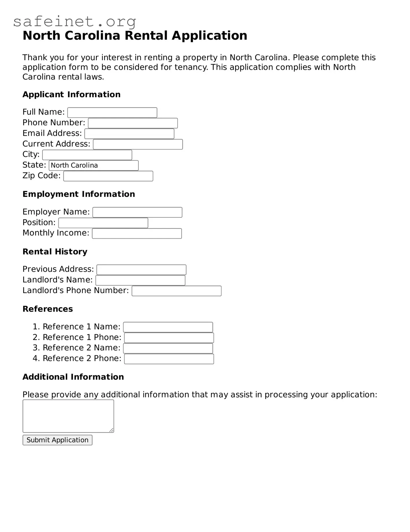 Valid Rental Application Template for the State of North Carolina