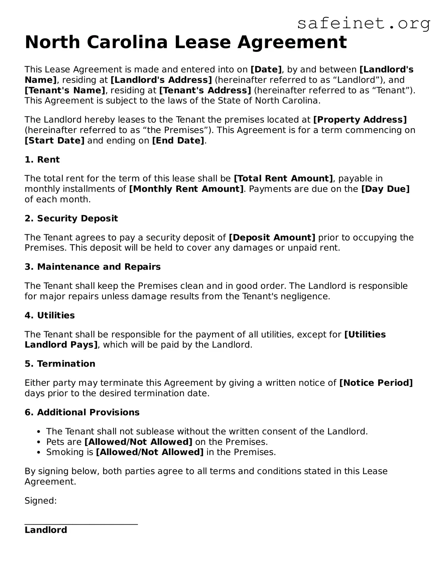 Valid Lease Agreement Template for the State of North Carolina