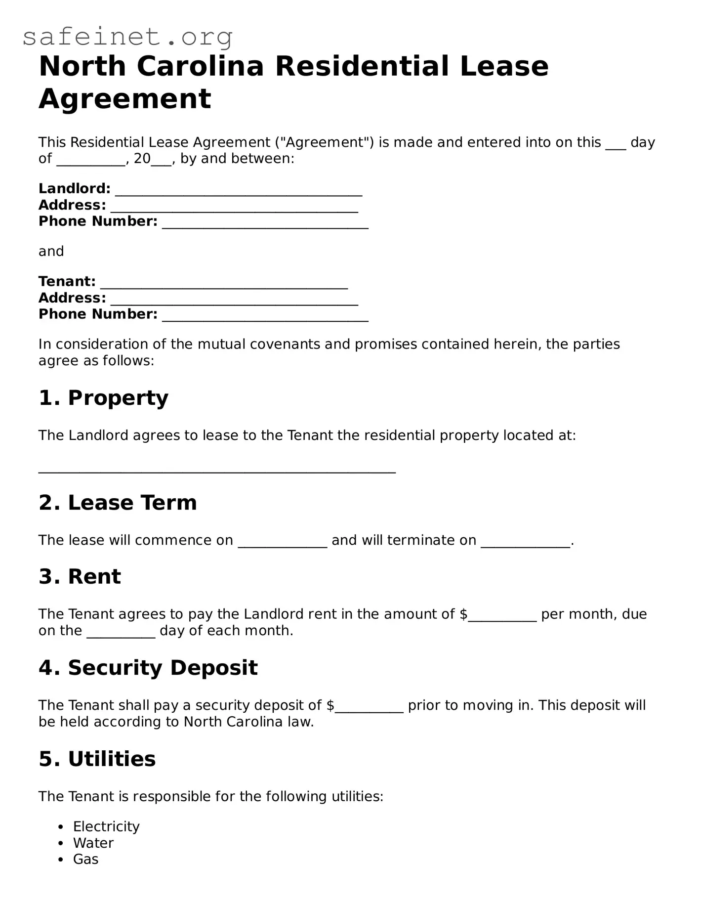 Valid Residential Lease Agreement Template for the State of North Carolina