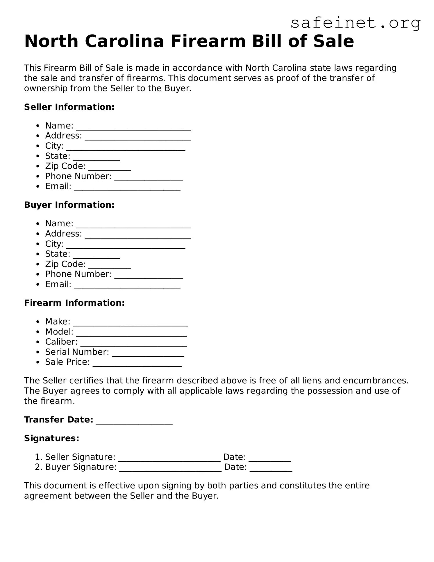 Valid Firearm Bill of Sale Template for the State of North Carolina