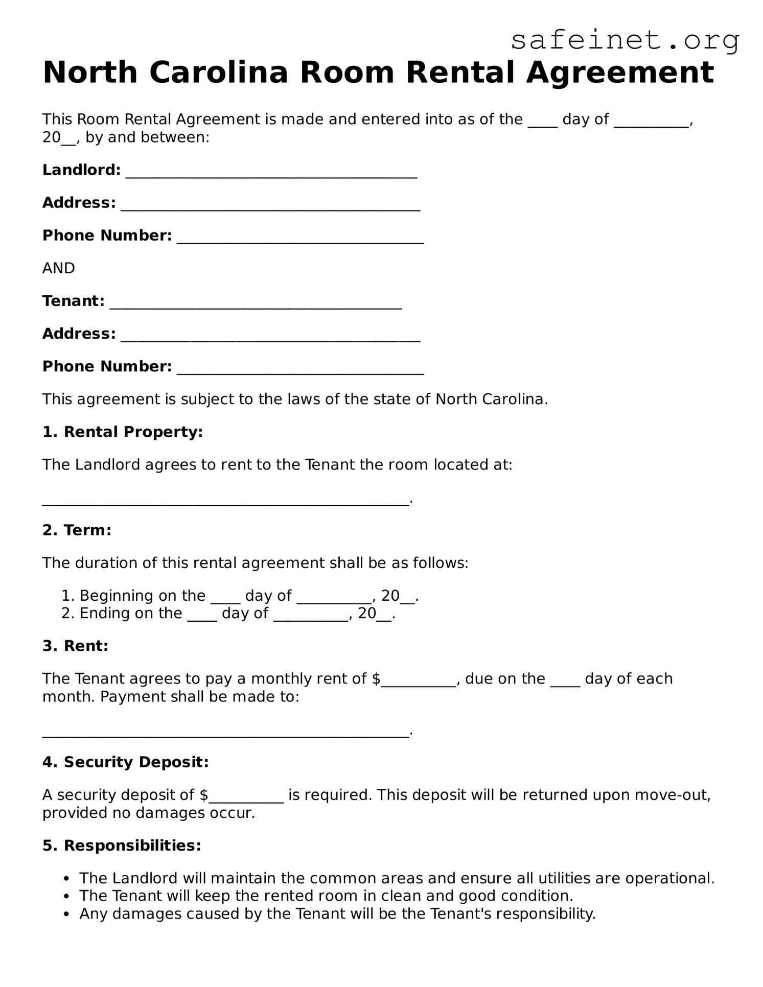 Valid Room Rental Agreement Template for the State of North Carolina