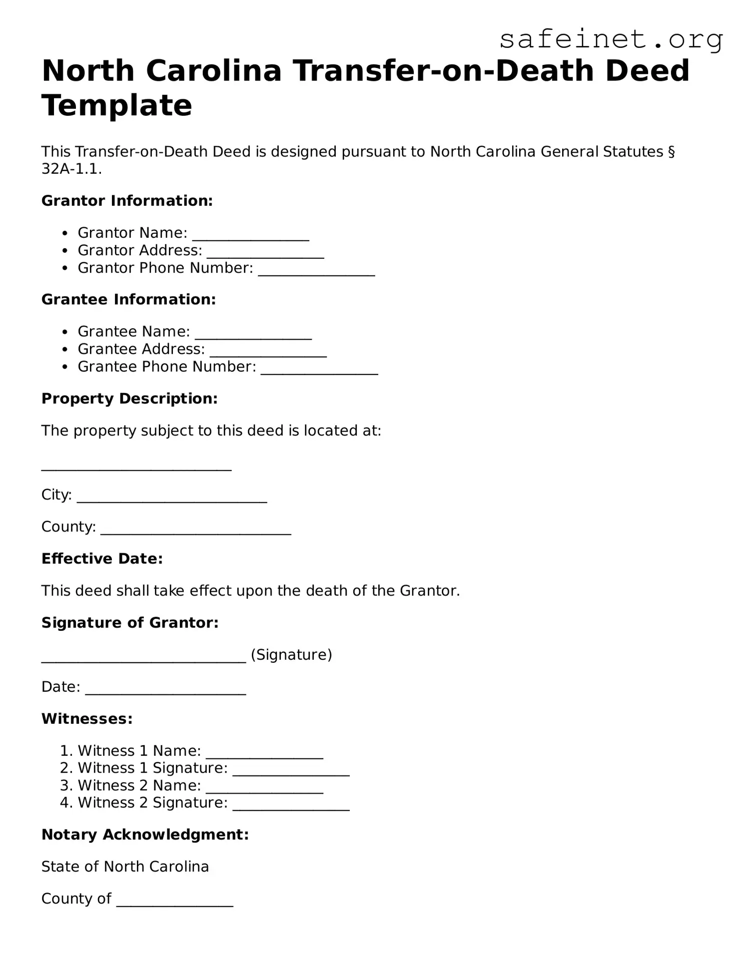 Valid Transfer-on-Death Deed Template for the State of North Carolina
