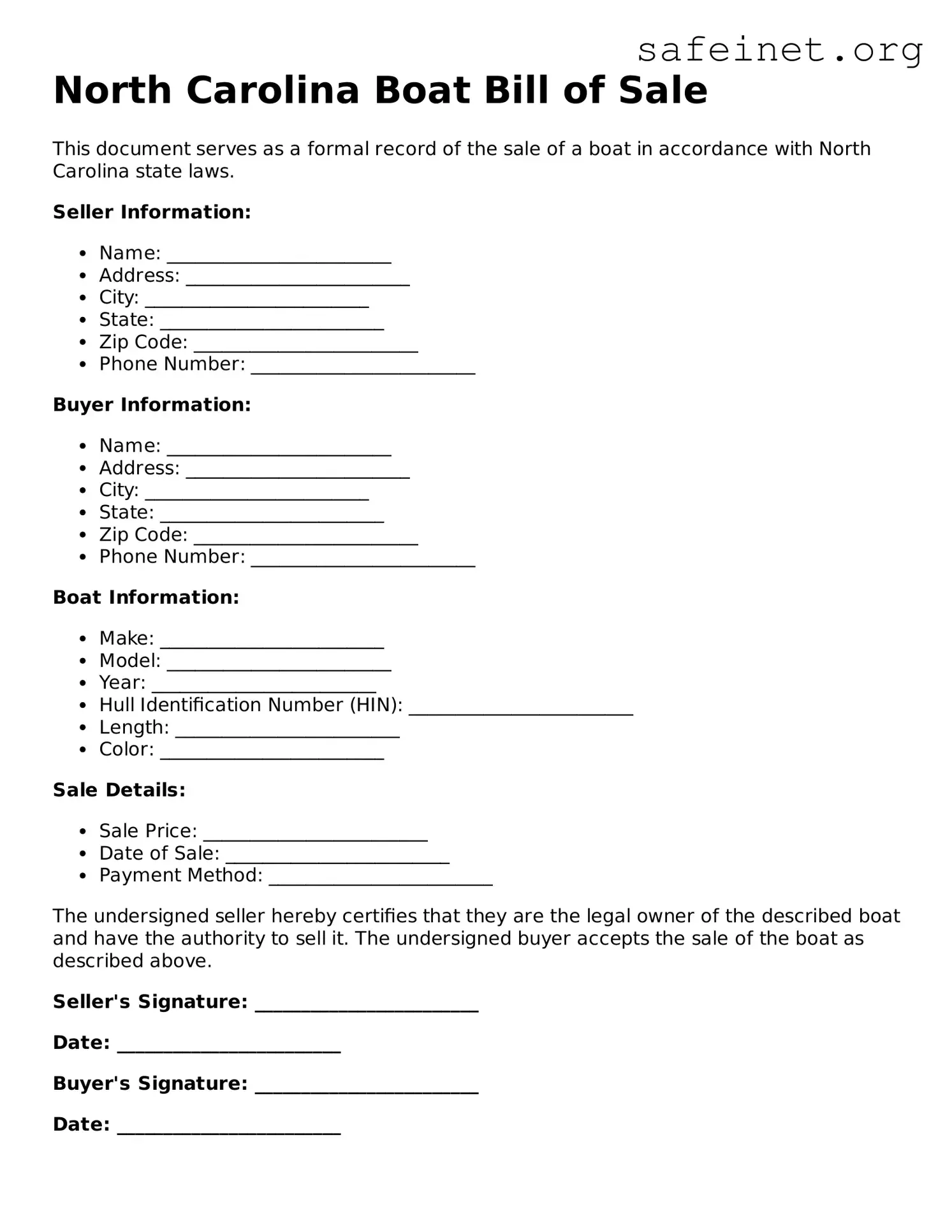 Valid Boat Bill of Sale Template for the State of North Carolina