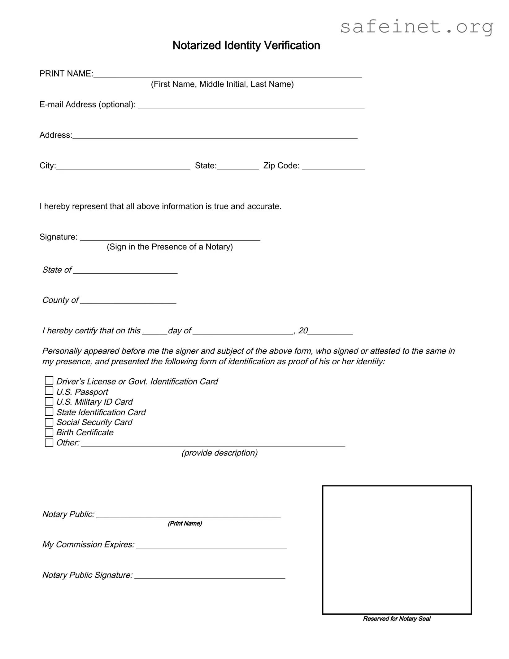 Blank Notarized Identity Verification Template