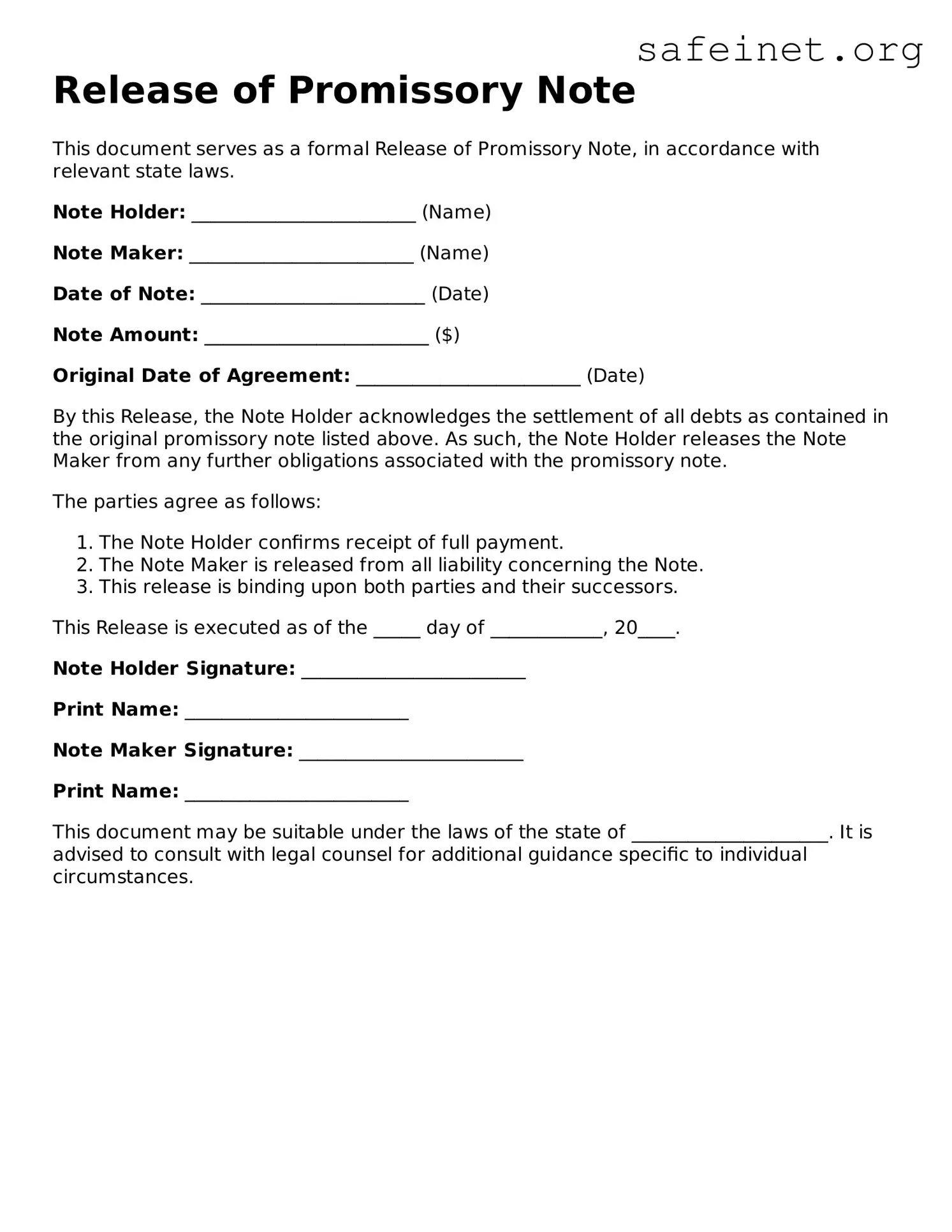 Official Release of Promissory Note Document