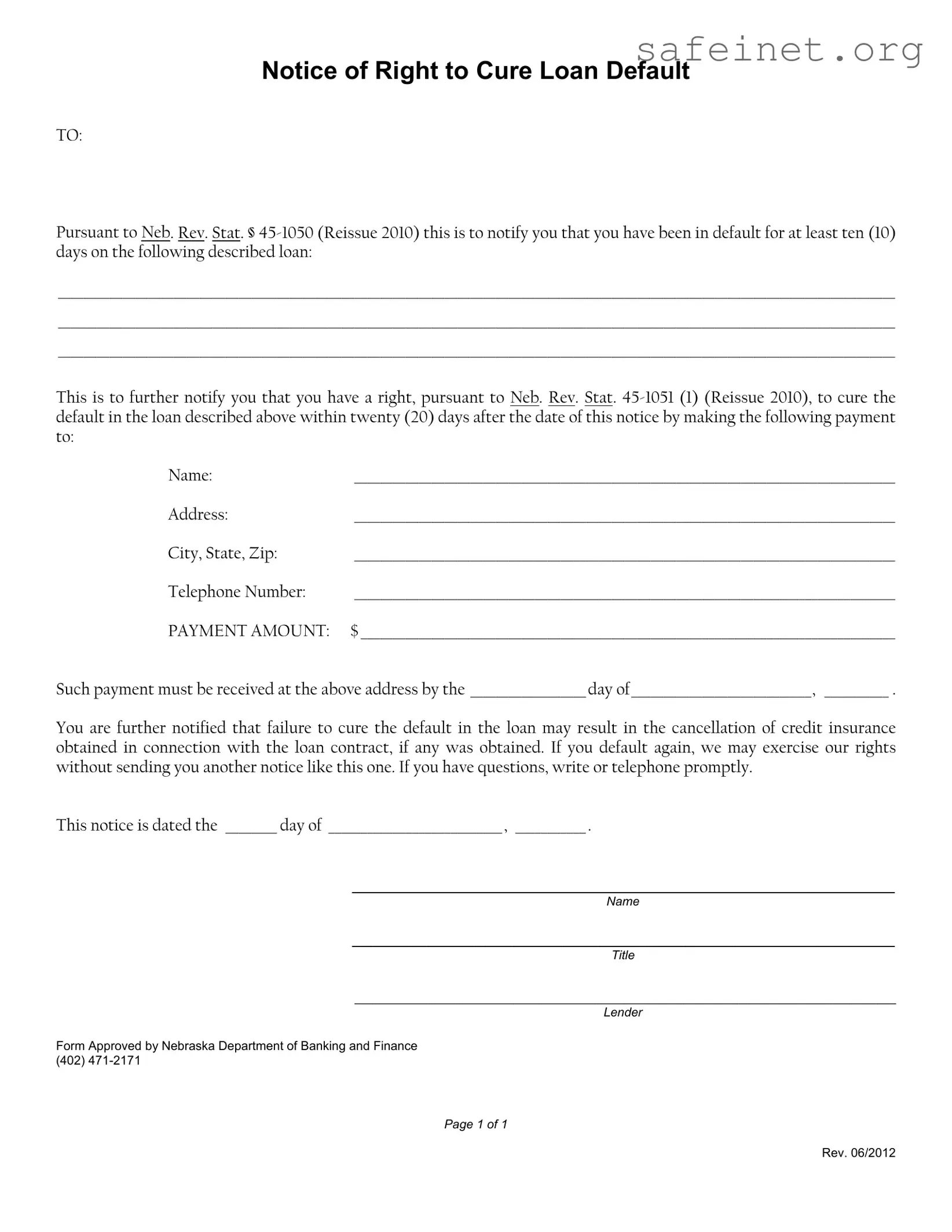 Blank Notice Of Right To Cure Auto Loan Letter Template