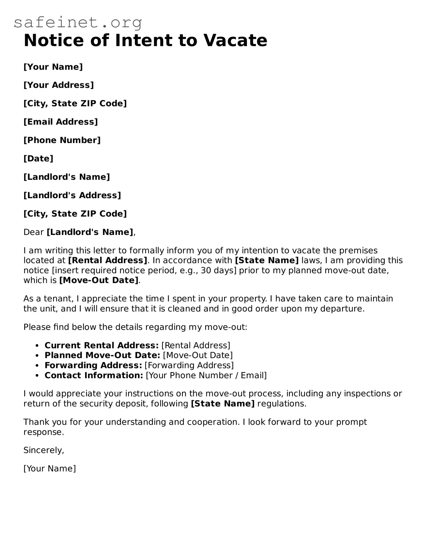Official Notice of Intent to Vacate Document