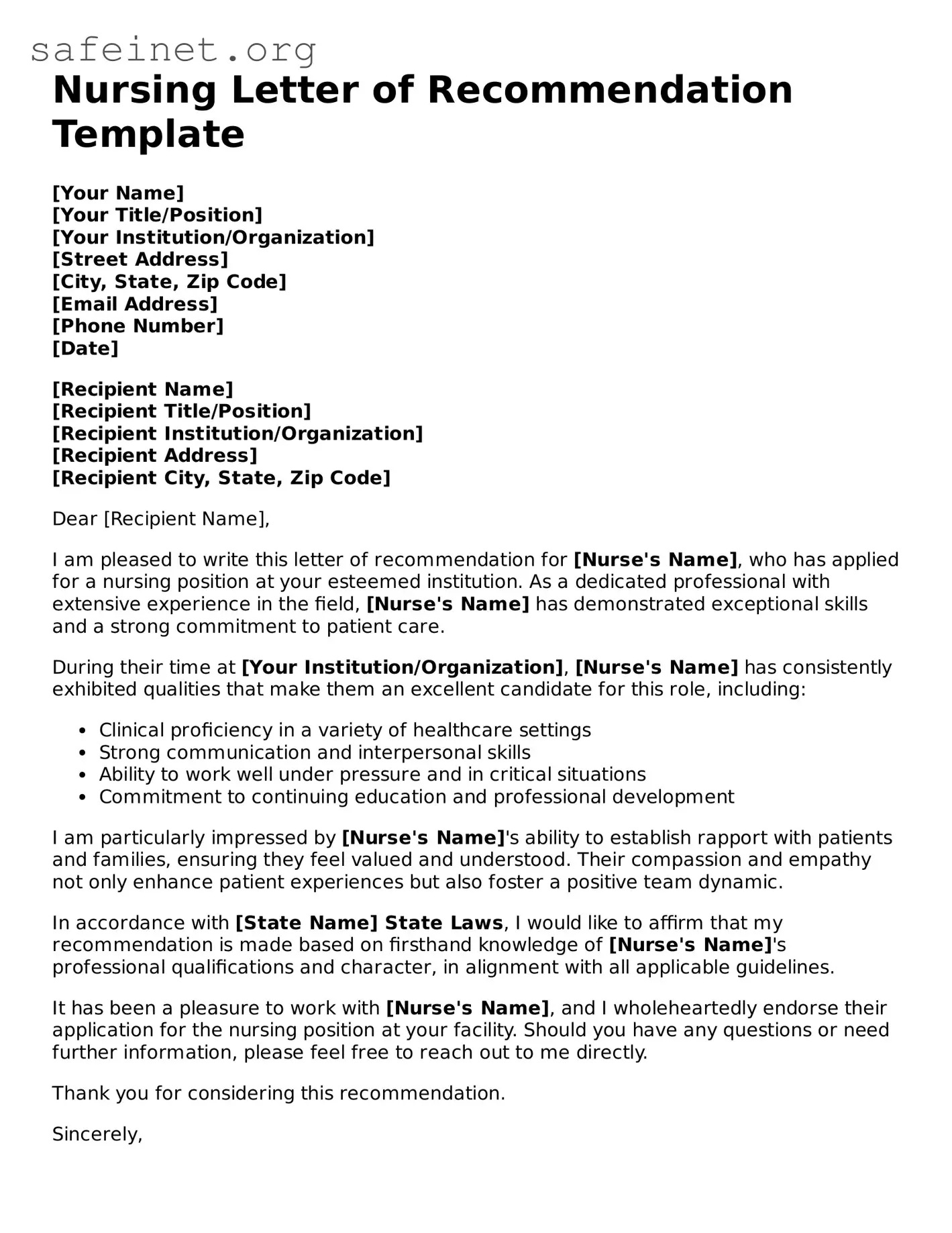 Official Nursing Letter of Recommendation Document