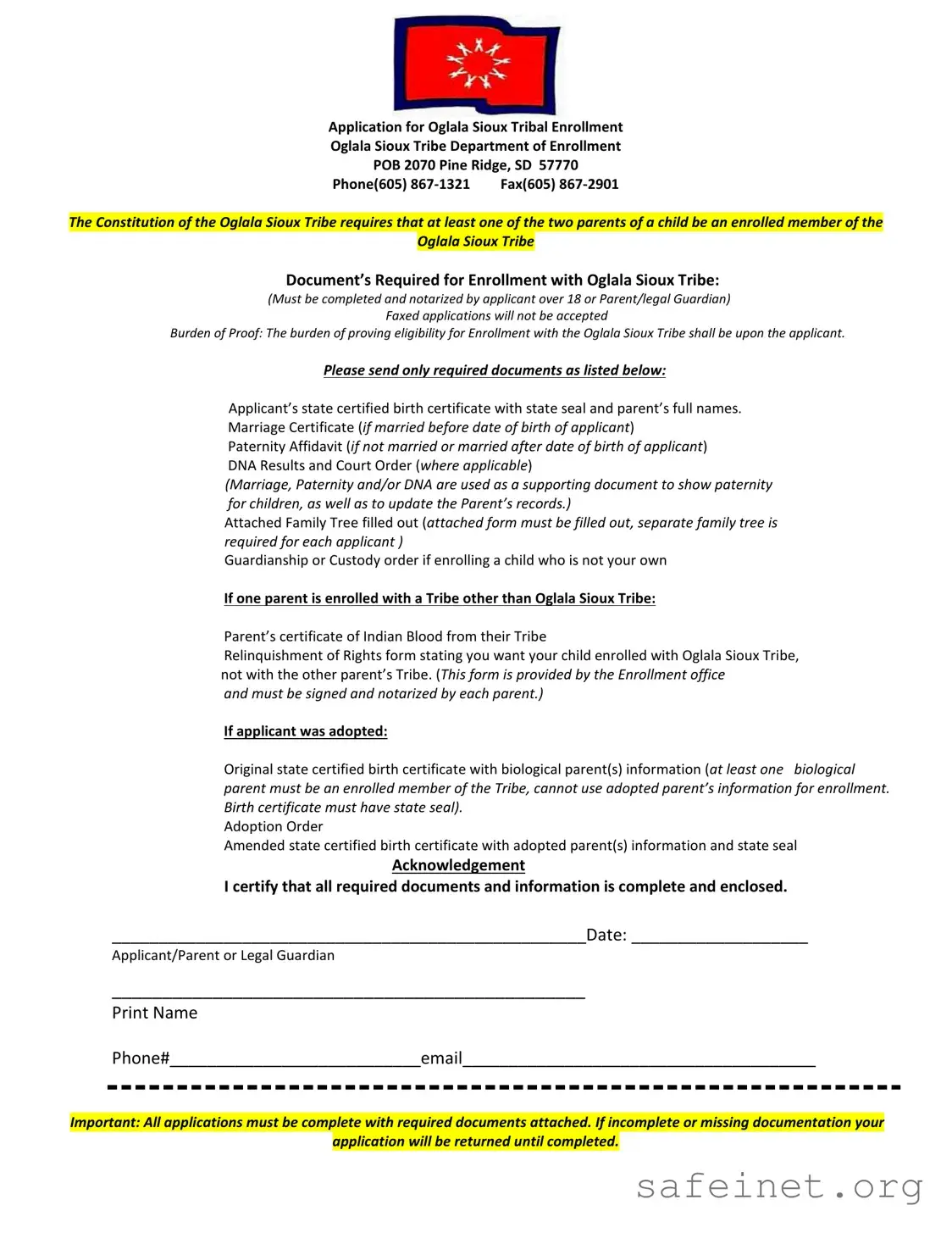 Blank Enrollment Oglala Sioux Tribe Template