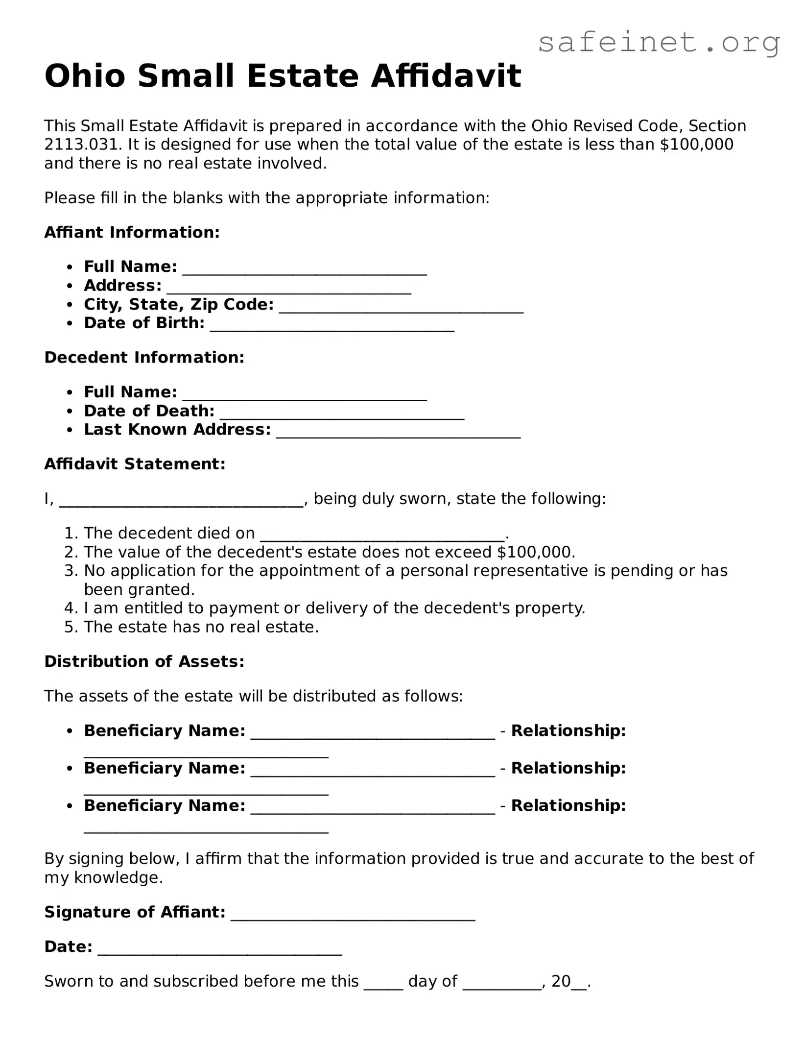 Valid Small Estate Affidavit Template for the State of Ohio