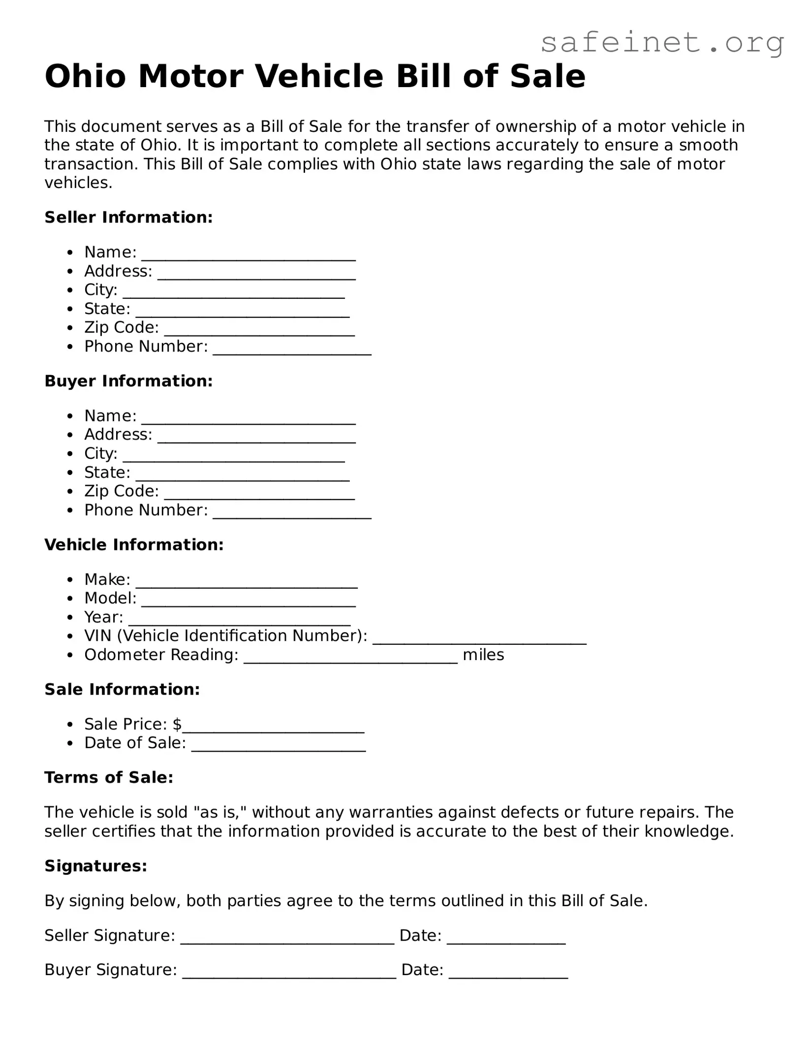 Valid Motor Vehicle Bill of Sale Template for the State of Ohio