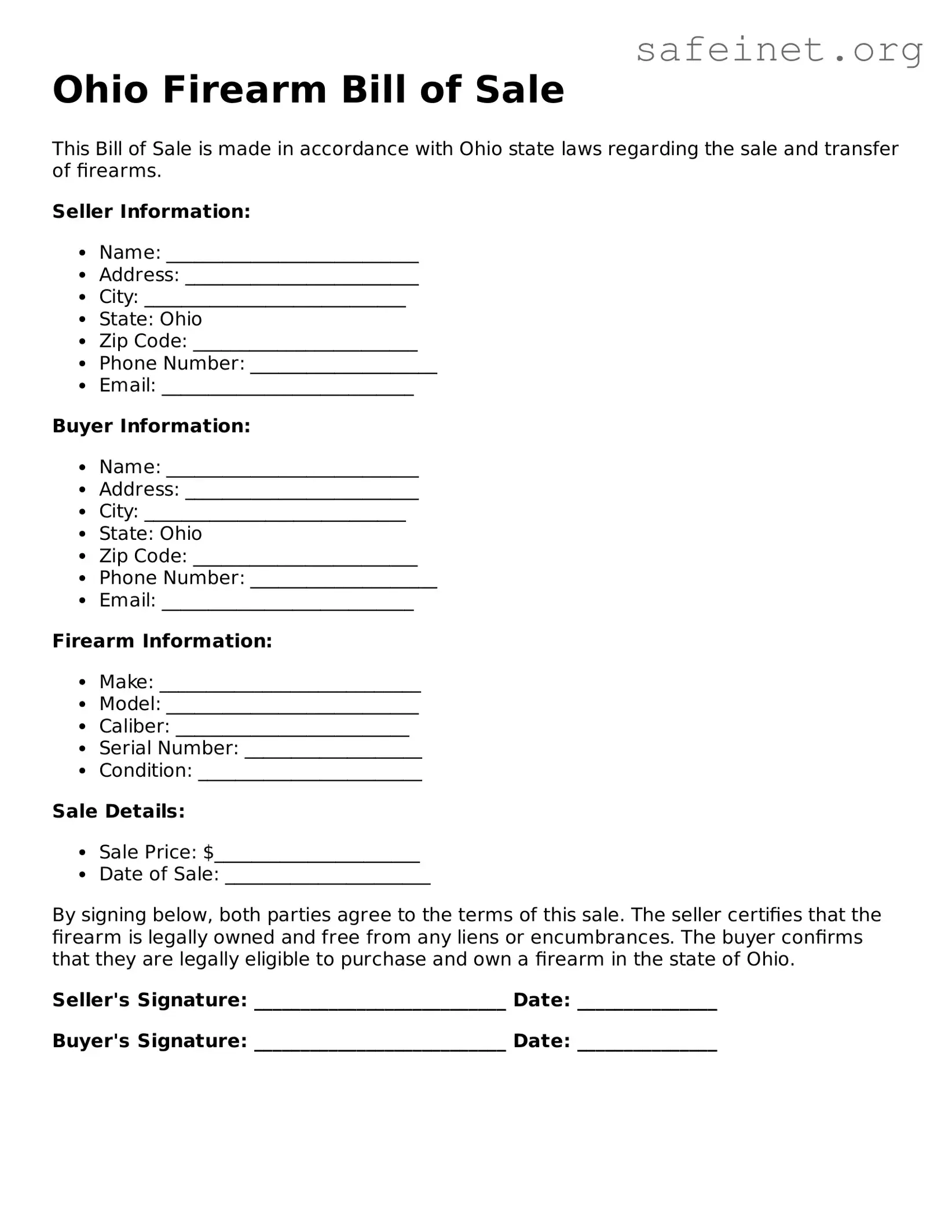 Valid Firearm Bill of Sale Template for the State of Ohio