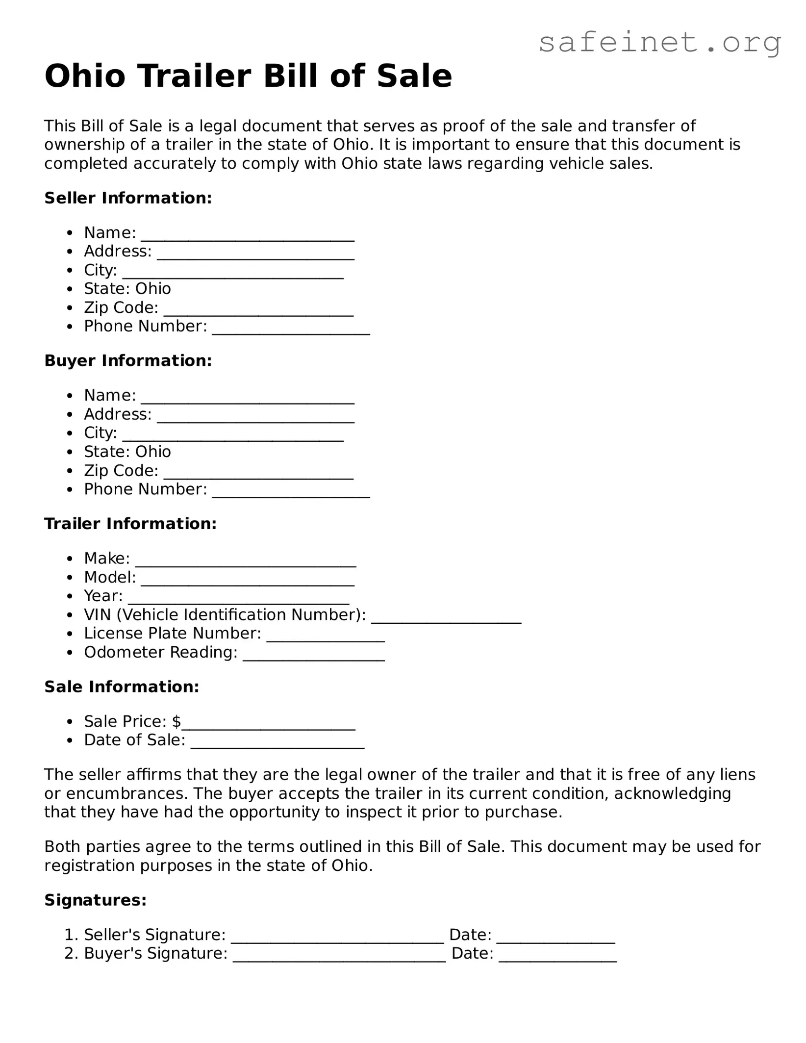Valid Trailer Bill of Sale Template for the State of Ohio
