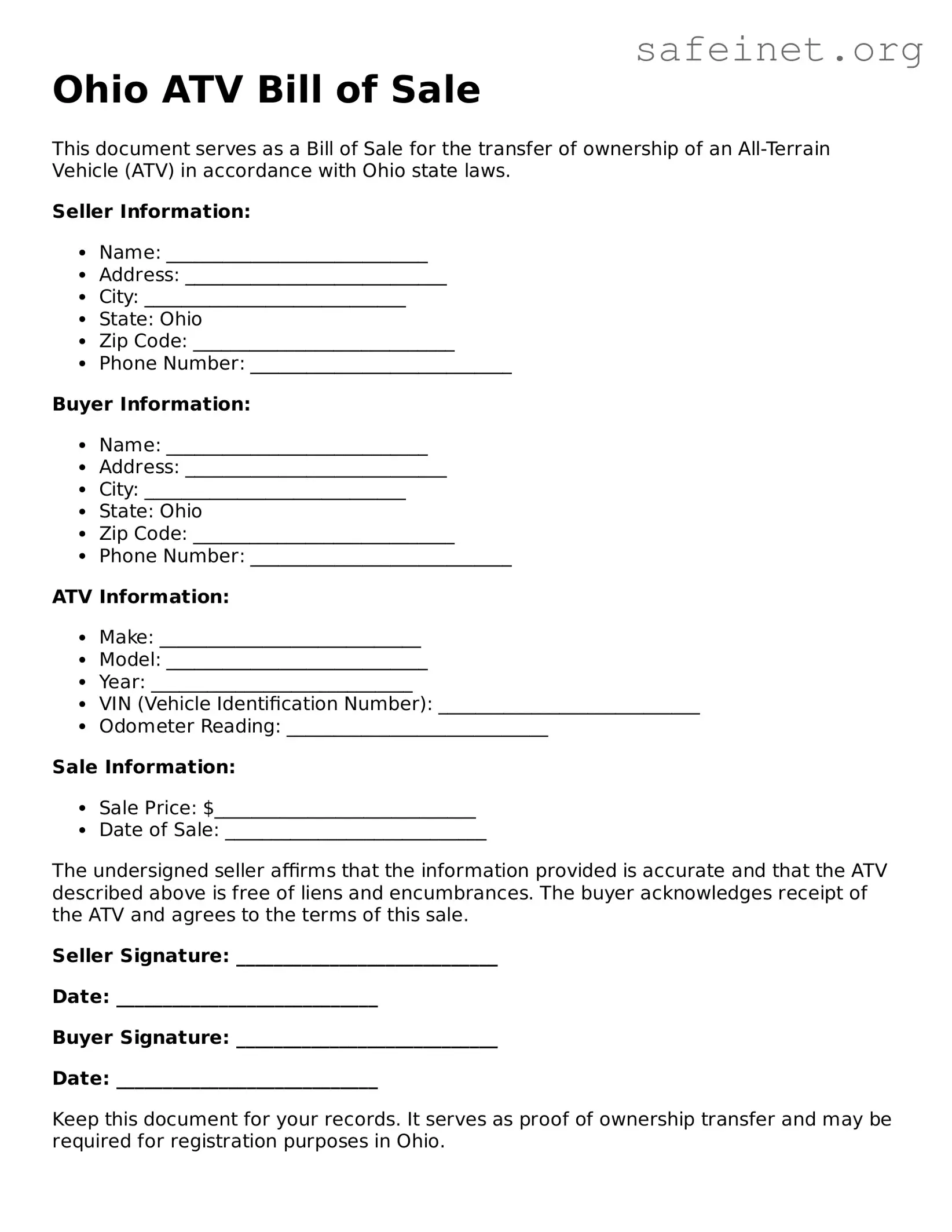 Valid ATV Bill of Sale Template for the State of Ohio
