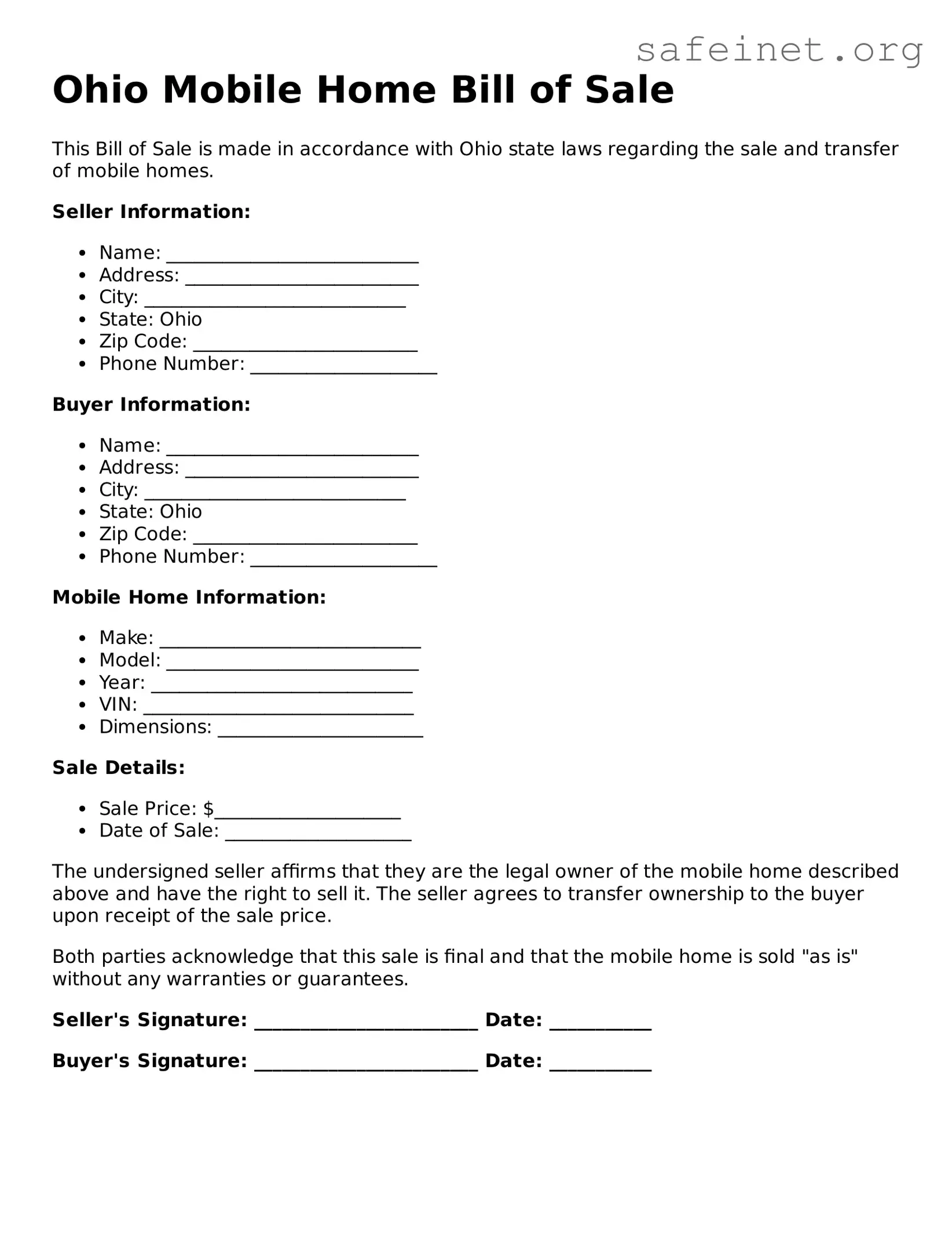 Valid Mobile Home Bill of Sale Template for the State of Ohio