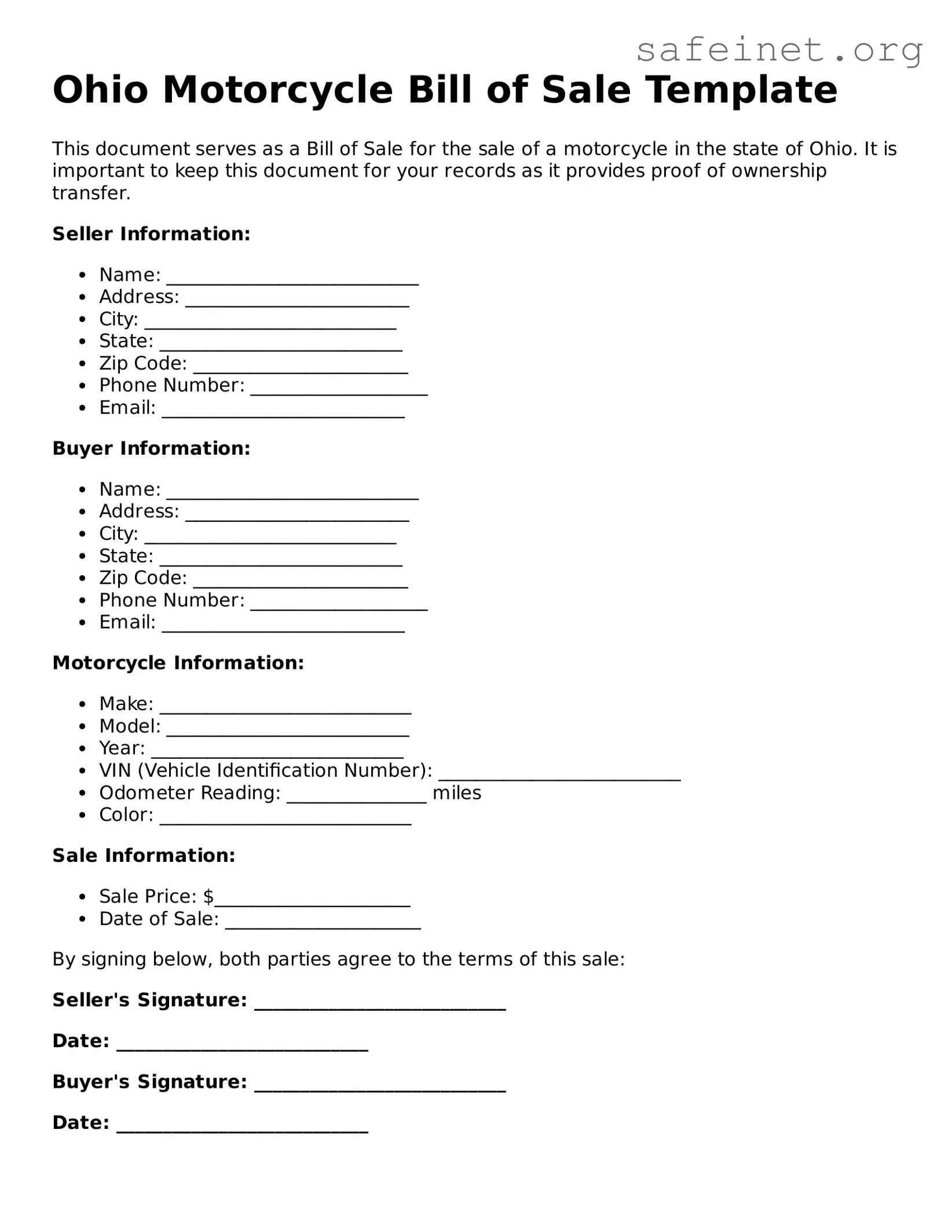 Valid Motorcycle Bill of Sale Template for the State of Ohio