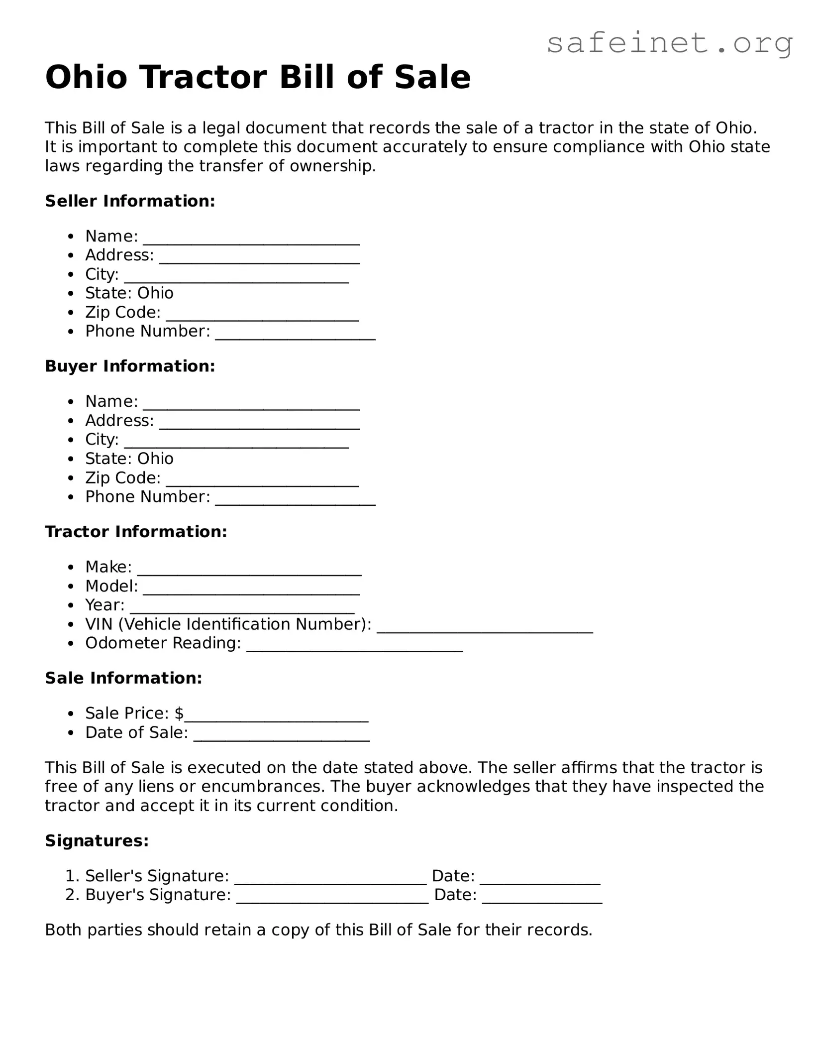 Valid Tractor Bill of Sale Template for the State of Ohio