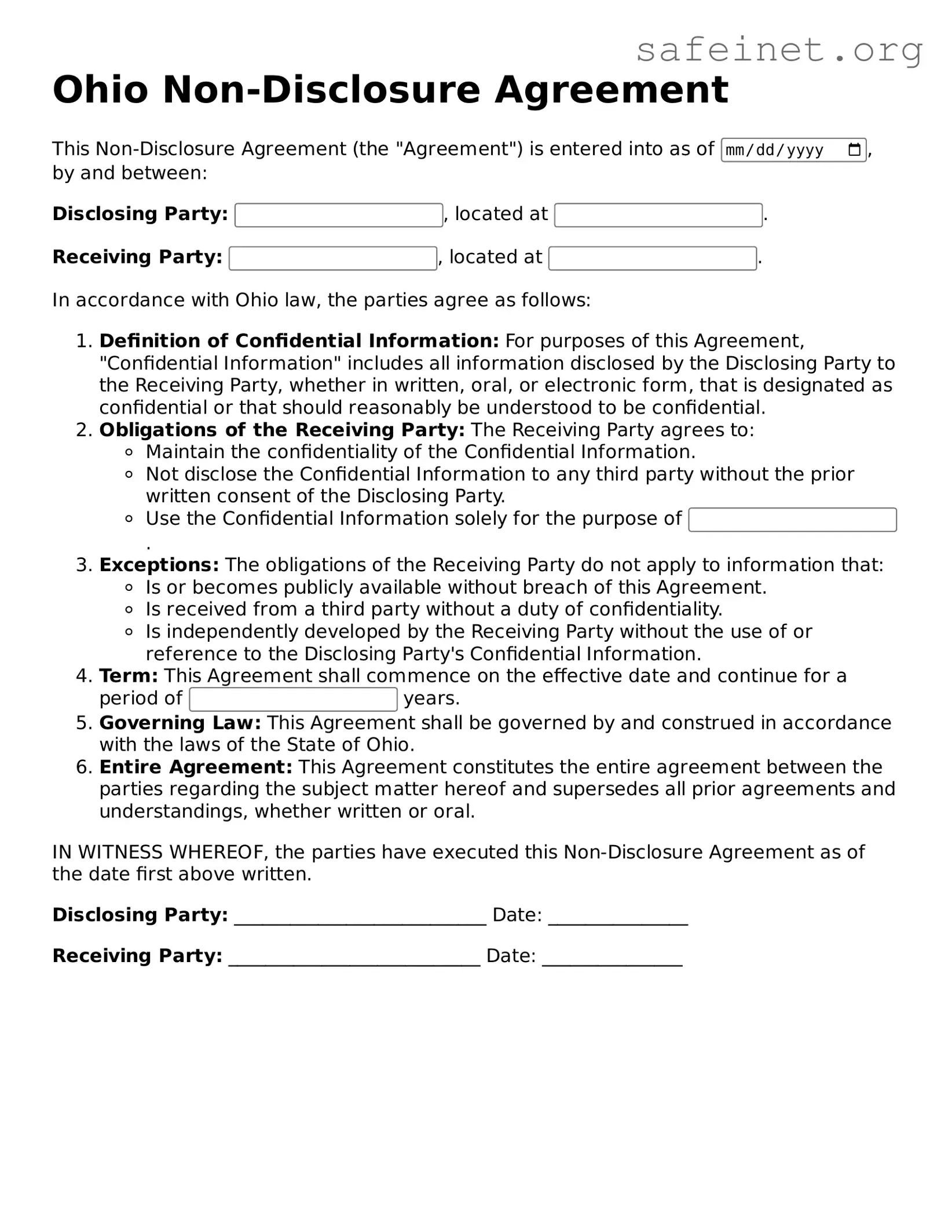 Valid Non-disclosure Agreement Template for the State of Ohio