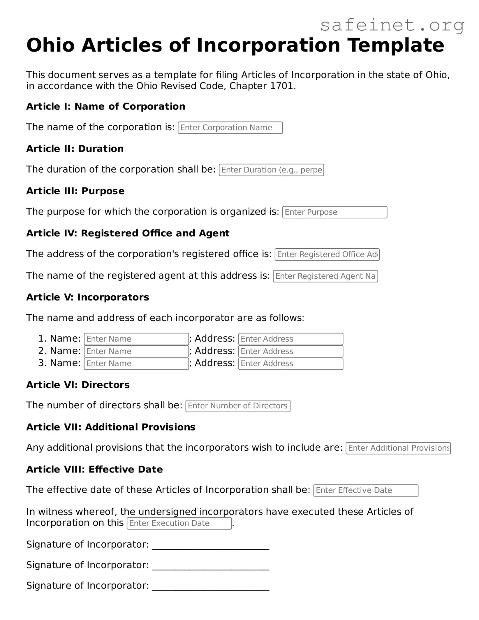 Valid Articles of Incorporation Template for the State of Ohio