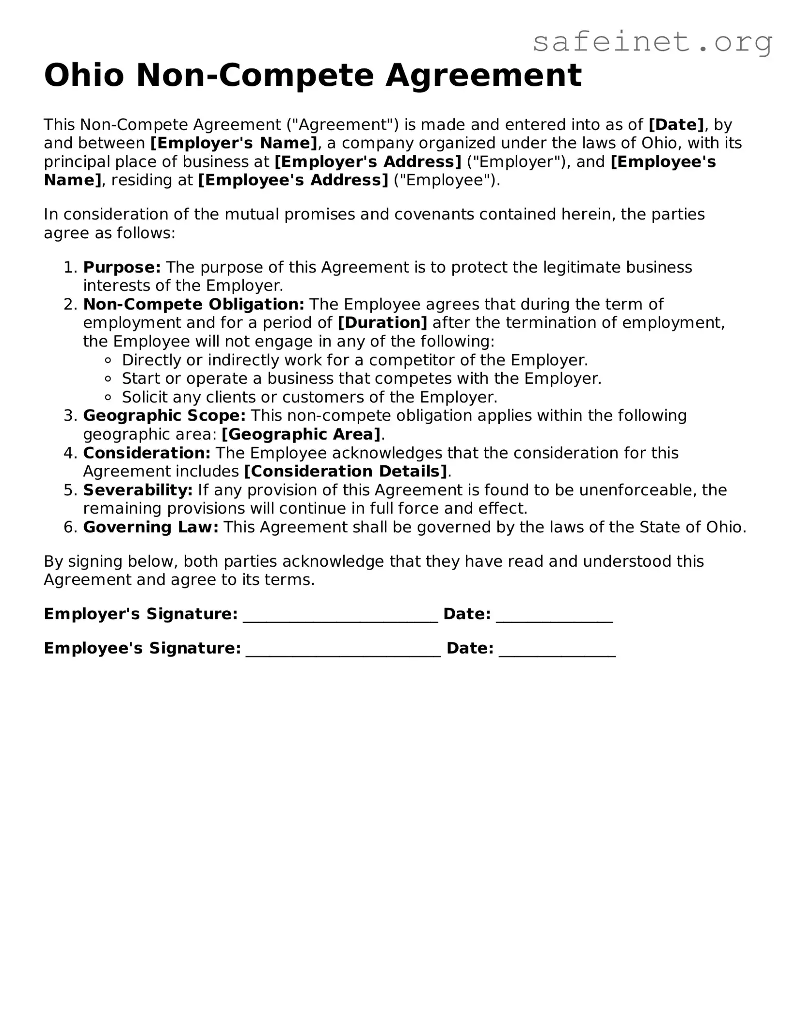 Valid Non-compete Agreement Template for the State of Ohio