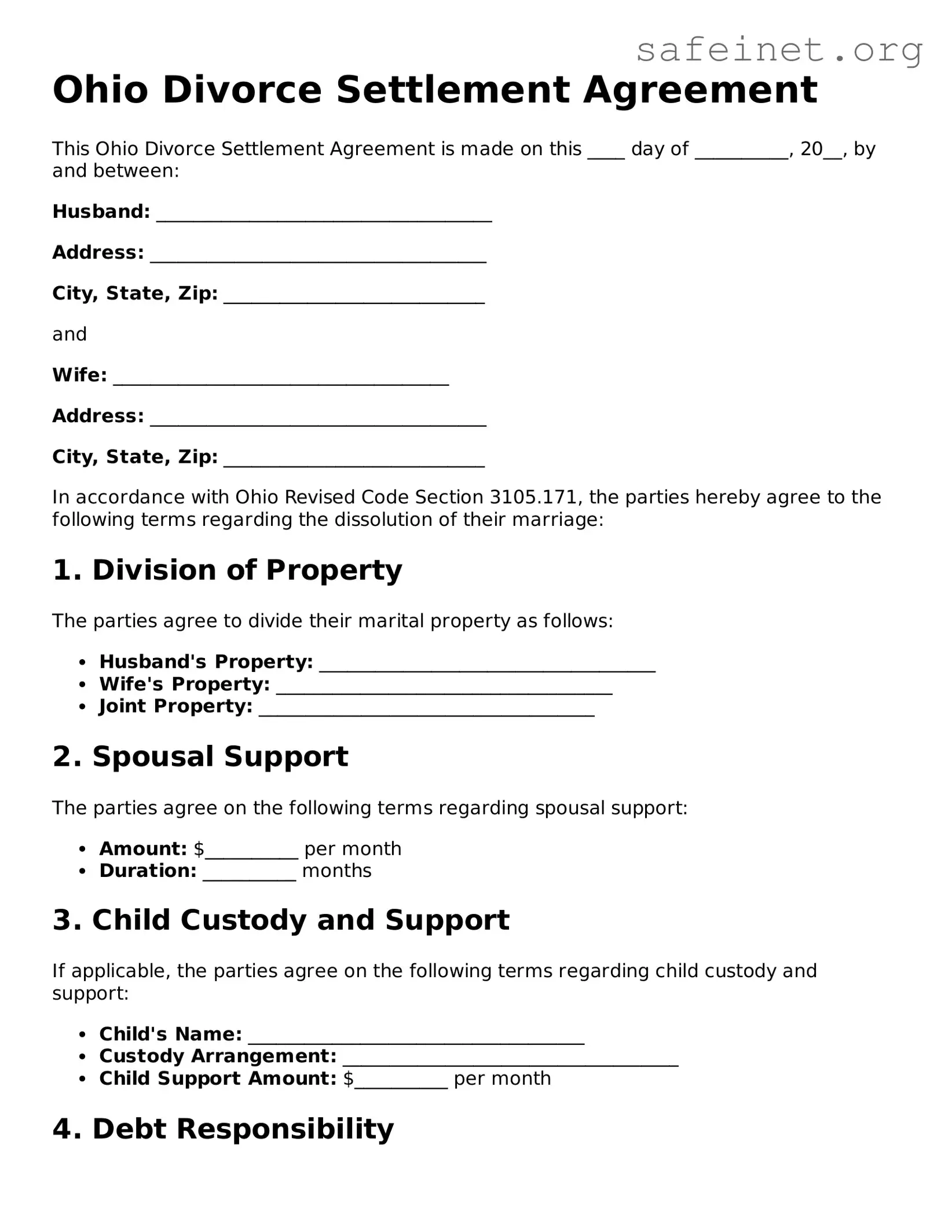 Valid Divorce Settlement Agreement Template for the State of Ohio