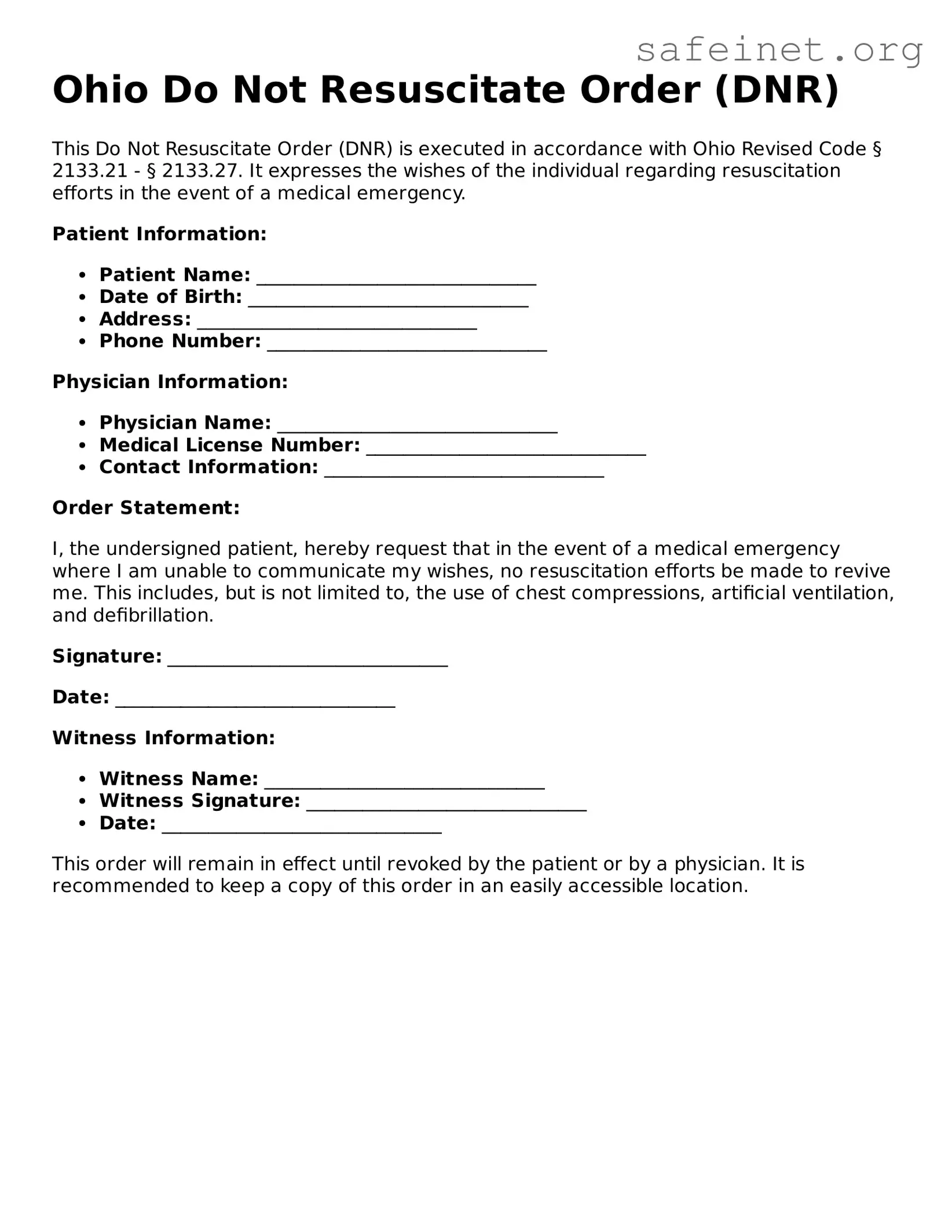Valid Do Not Resuscitate Order Template for the State of Ohio