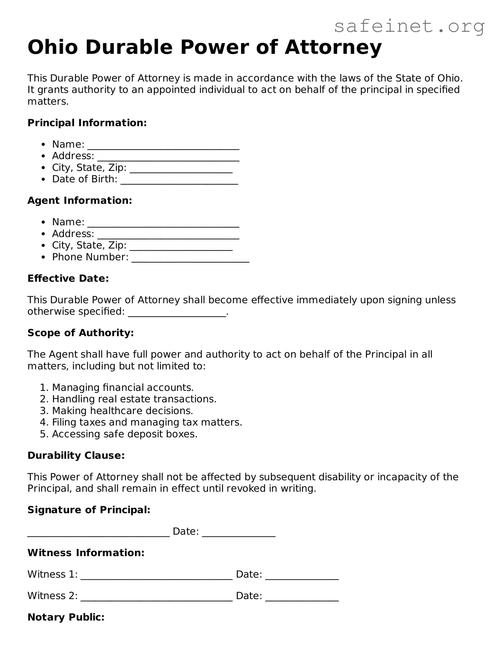 Valid Durable Power of Attorney Template for the State of Ohio