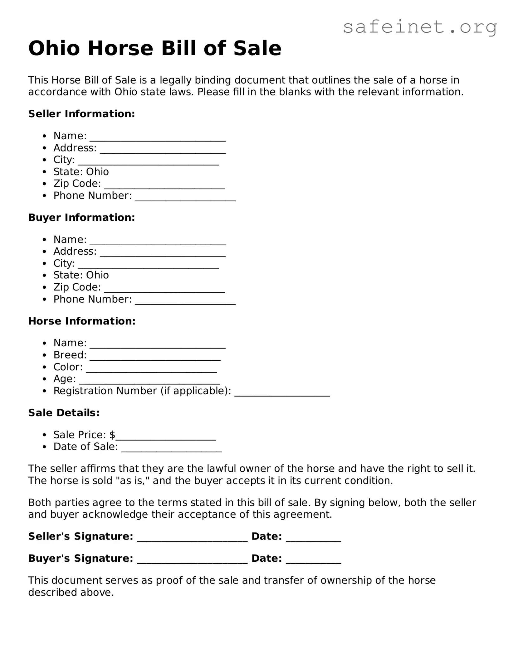 Valid Horse Bill of Sale Template for the State of Ohio