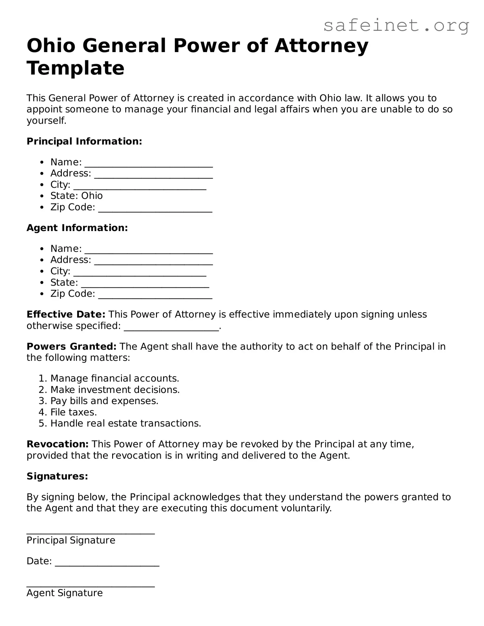 Valid General Power of Attorney Template for the State of Ohio