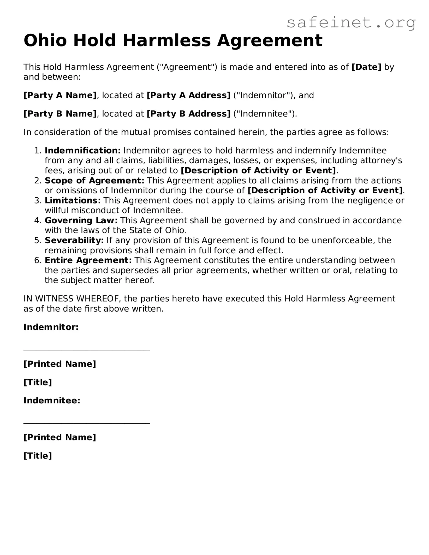 Valid Hold Harmless Agreement Template for the State of Ohio