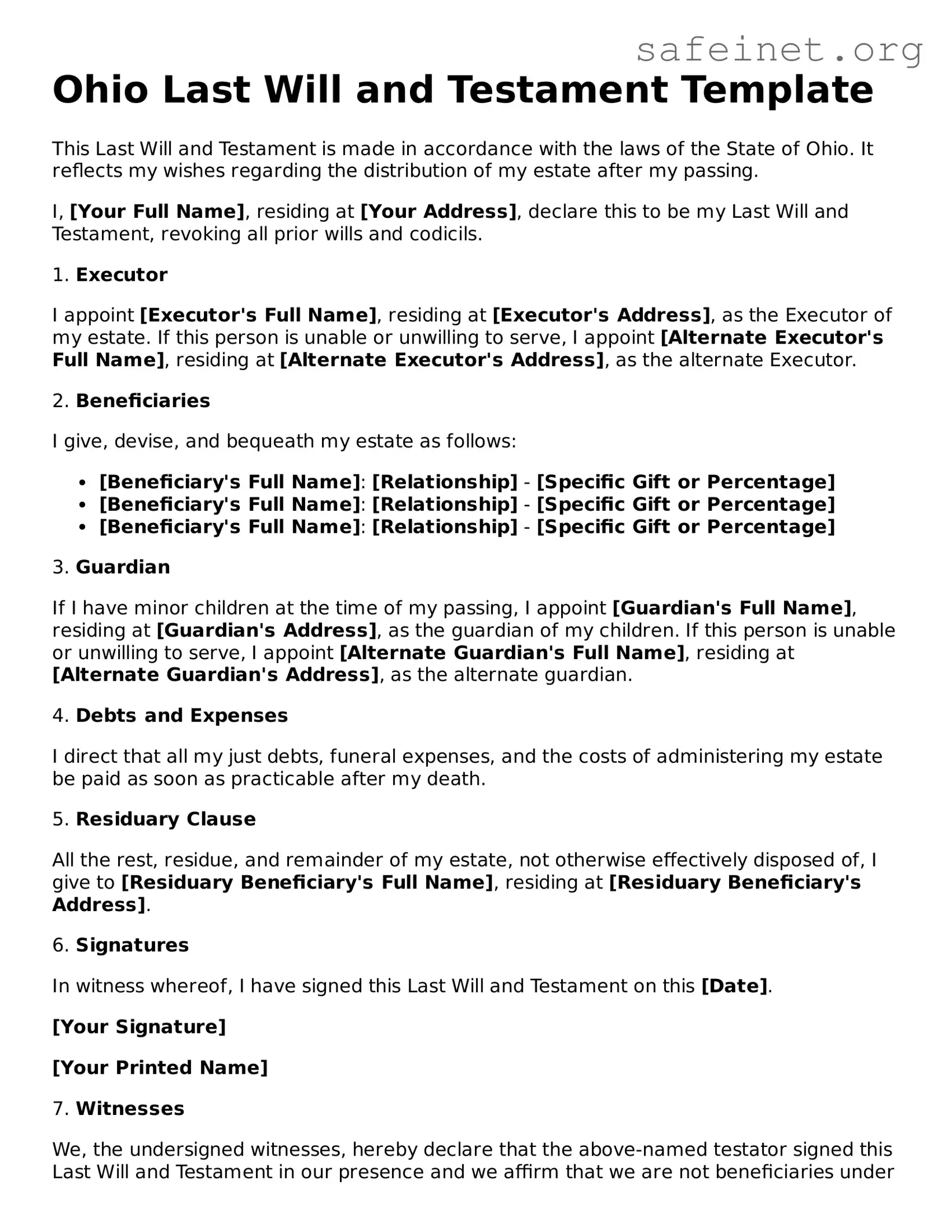 Valid Last Will and Testament Template for the State of Ohio